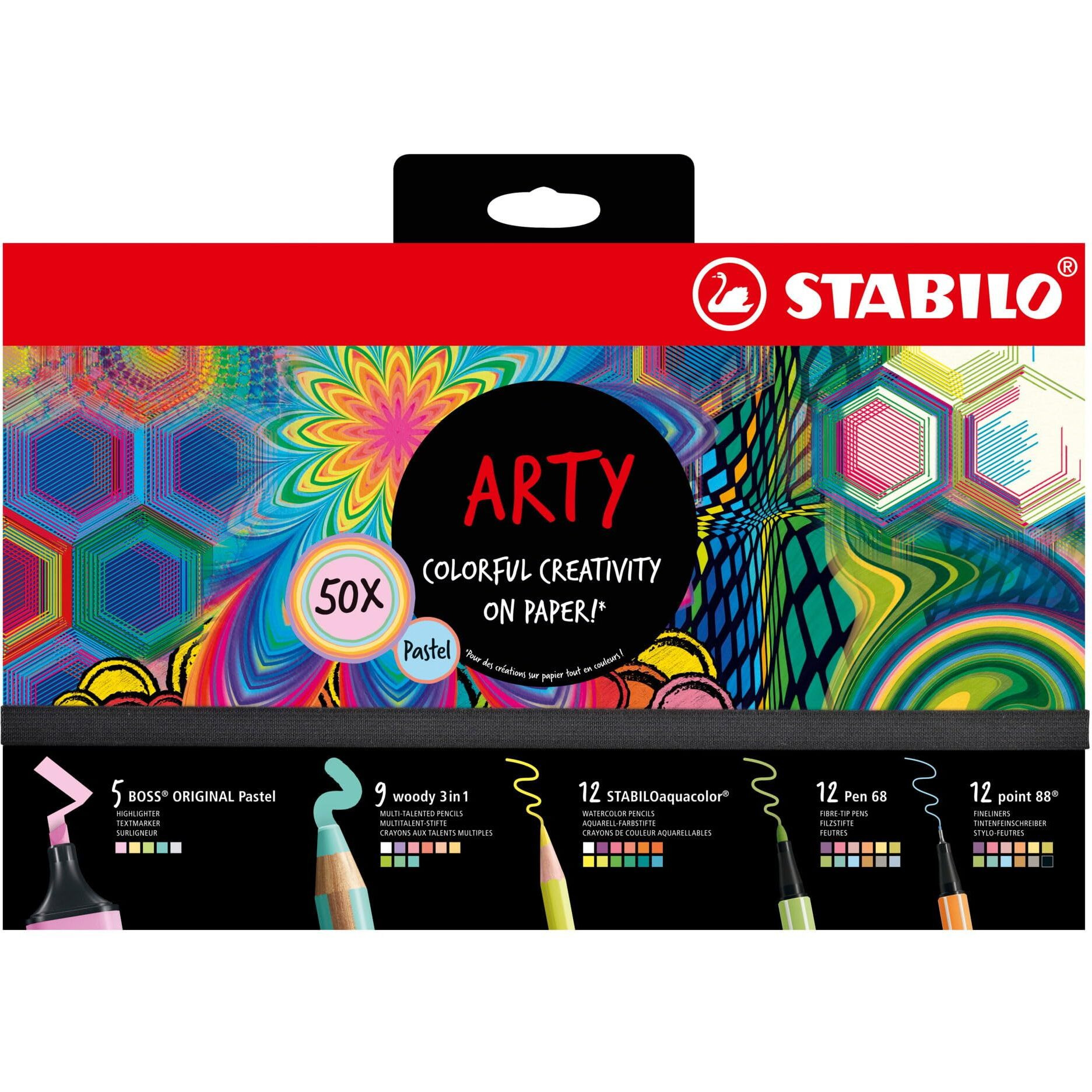 Stabilo Art Creative Set Pastel - Pack Of 50 - Highlighters, Multi-Talent Pens, Watercolour Colouring Pencils, Fineliner & Premium Felt Tip Pens