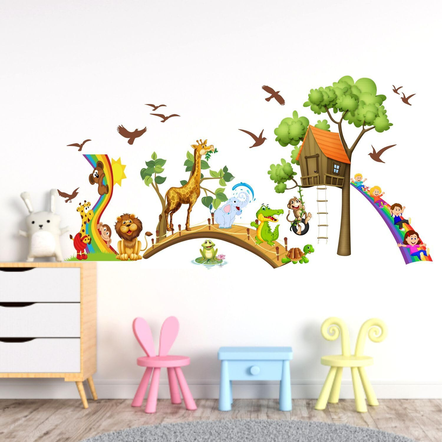 Sticker Yard Animals Bridge Zoo Kids Decor Kids Room Decor, Hall Decor, Kitchen Decor, Living Room Decor,Bedroom Decor Vinyl Wall Sticker,Multicolor (Standard Size -101X51Cm)