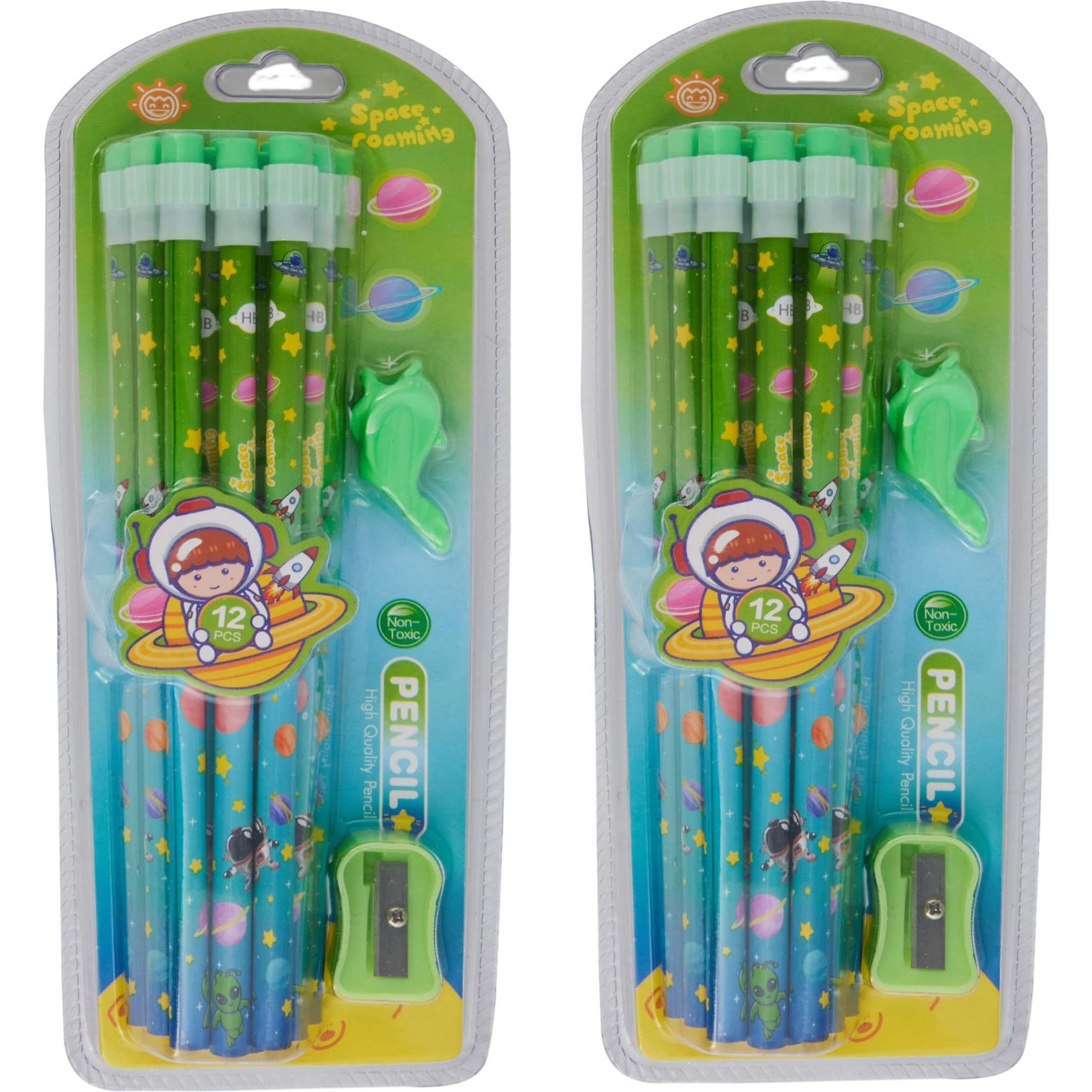 On Shoppy (Label) Space Roaming Colur Full 12 Pic Pencils Set With Attached Eraser With Sharpner And Grips (Pack Of 2)