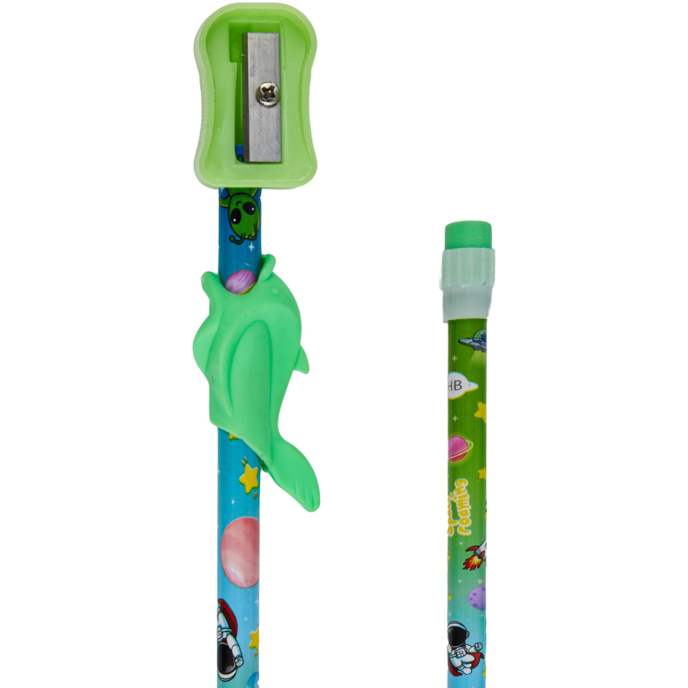 On Shoppy (Label) Space Roaming Colur Full 12 Pic Pencils Set With Attached Eraser With Sharpner And Grips (Pack Of 2)