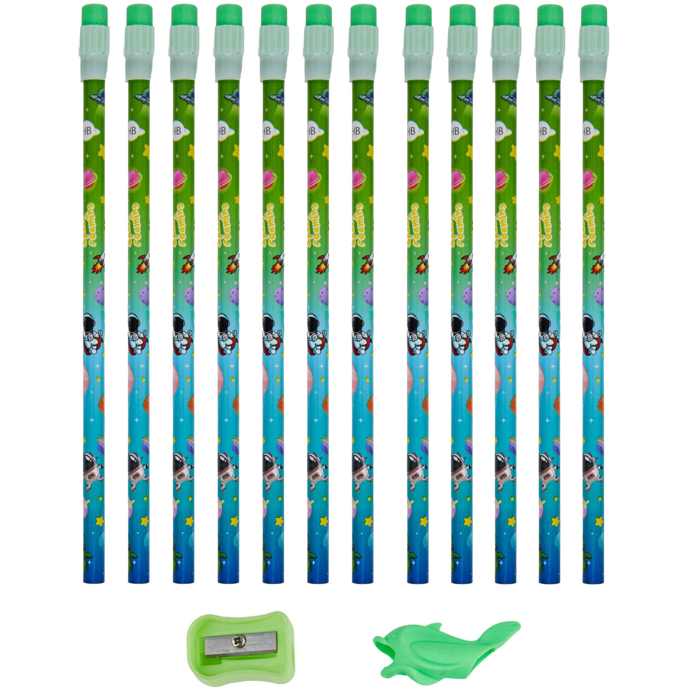 On Shoppy (Label) Space Roaming Colur Full 12 Pic Pencils Set With Attached Eraser With Sharpner And Grips (Pack Of 2)