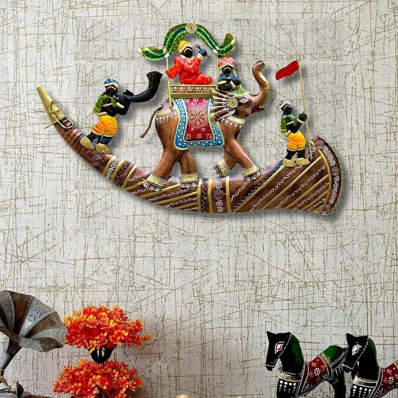 Rsn Wrought Iron Metal Rajasthani Royal Hathi Baarat Wall Hanging Showpiece For Home Decor/Wall Sculpture For Living Room/Wall Hangings For Home Decoration Size-24X15 Inches
