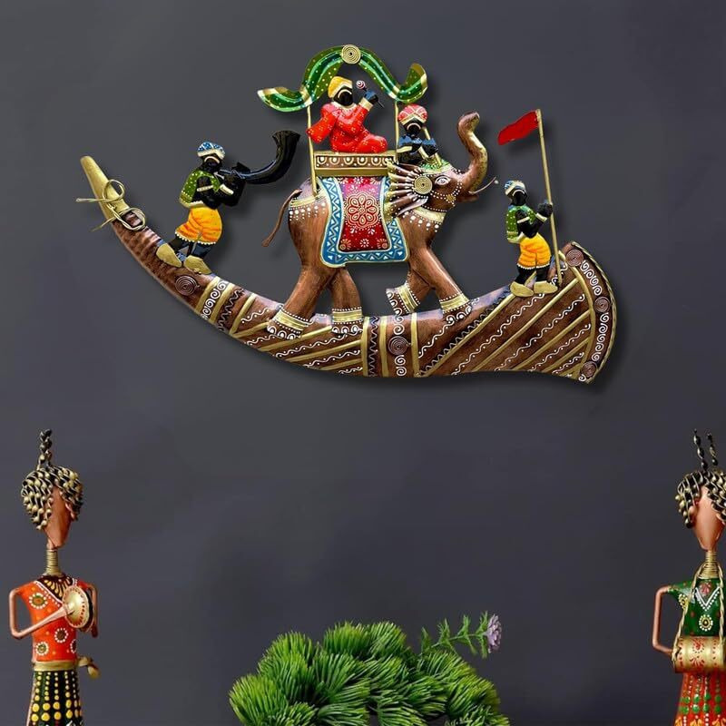 Rsn Wrought Iron Metal Rajasthani Royal Hathi Baarat Wall Hanging Showpiece For Home Decor/Wall Sculpture For Living Room/Wall Hangings For Home Decoration Size-24X15 Inches