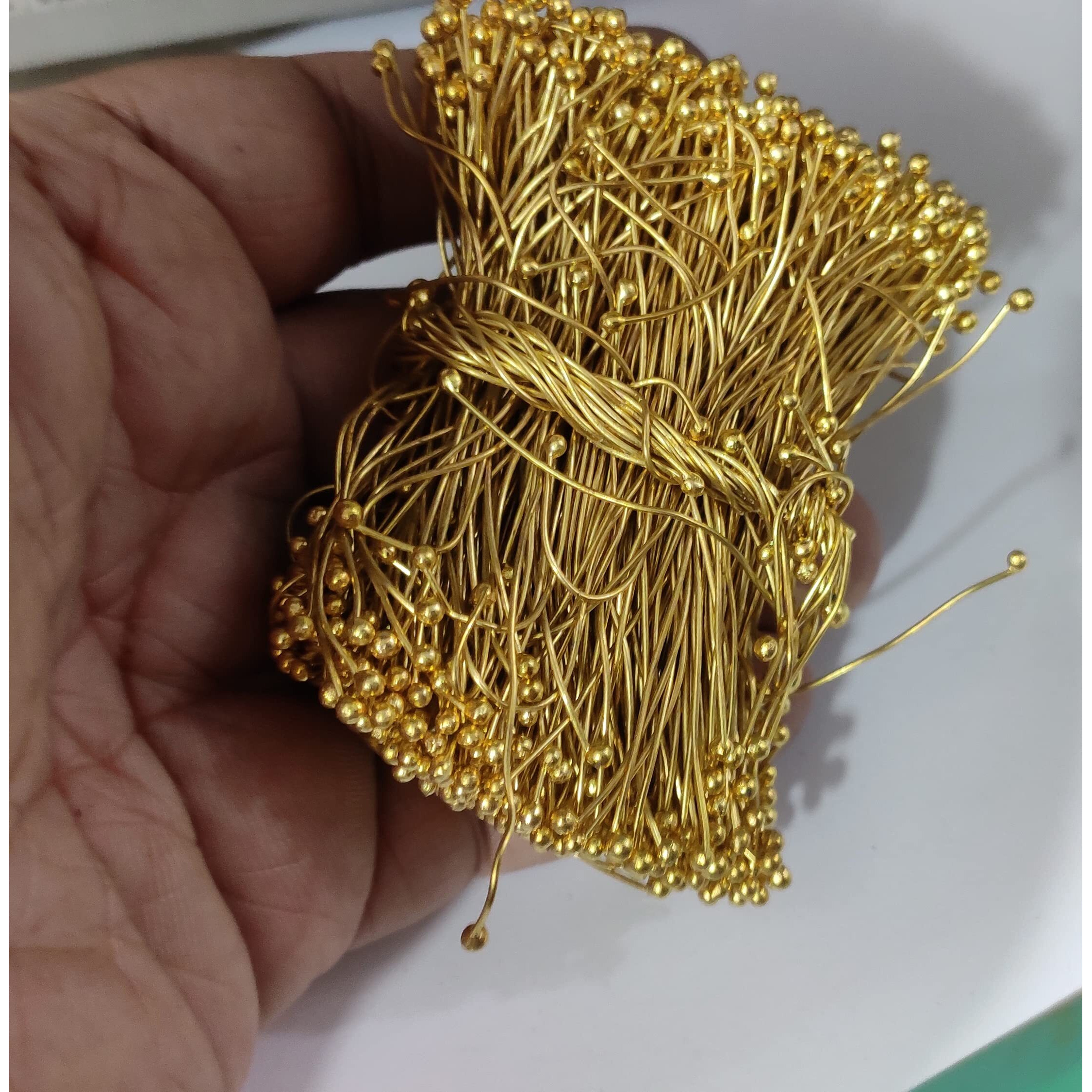 Omx 100 Grams (350 Pcs) Brass Head Pins For Beading - Double Sided Ball Head Pin Wires For Jewellery Making, Also Known As Mongra Wire (22 Guage (0.7 Mm))