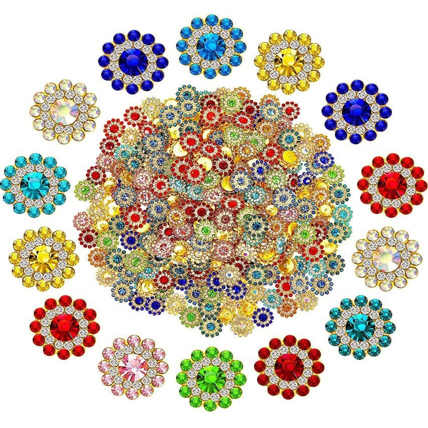 Diy Crafts 150 Pcs, Multi, Flower Buttons With Rhinestones Sew On Flower Embellishments 0.5 Inch Crystal Glass Beads Buttons Flatback Rhinestone Buttons For Jewelry Making Diy C(150 Pcs, Multi)
