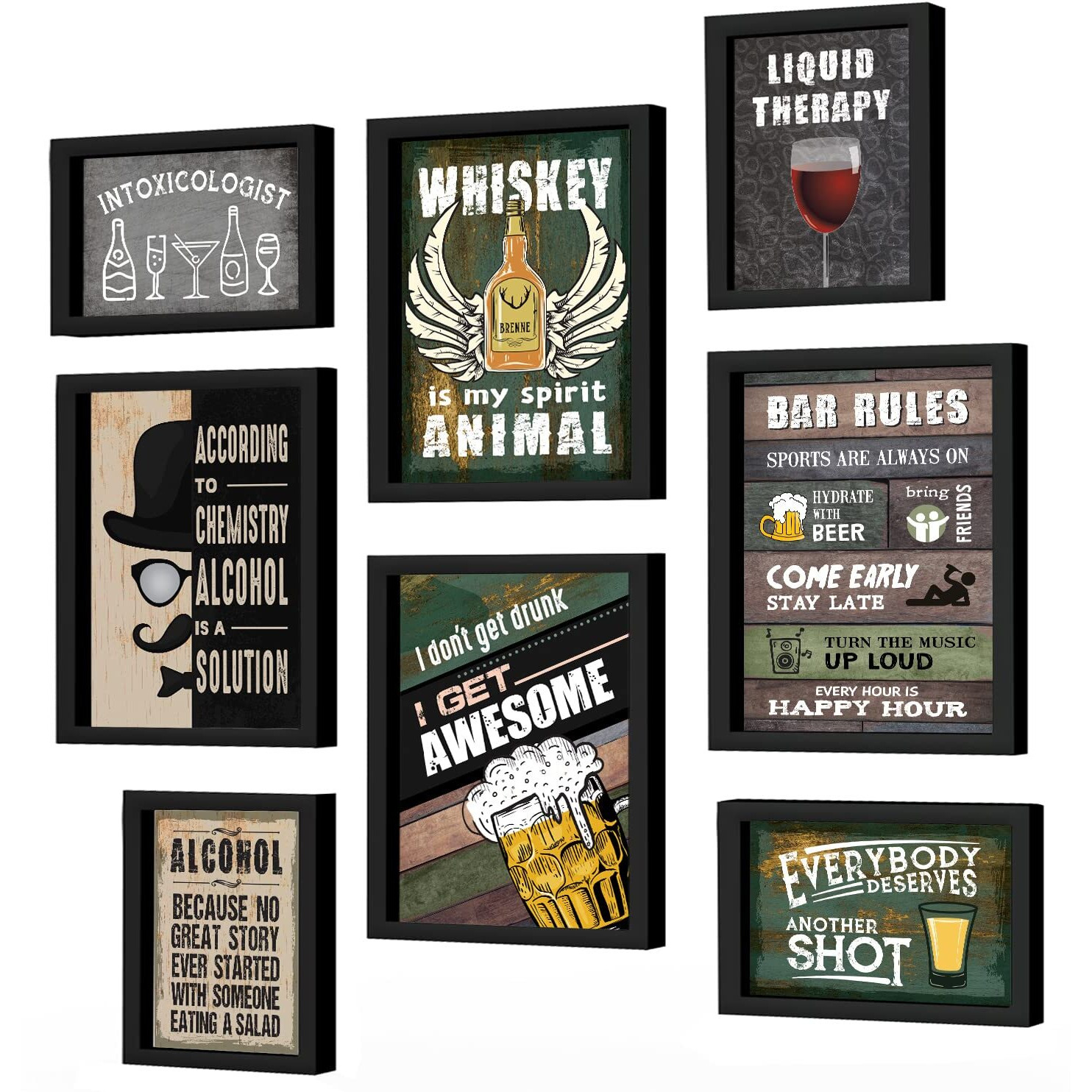 Chaka Chaundh - Set Of 8 Alchohol Quotes Framed Posters - Beer Bar Quotes Poster With Frame For Wall - (4 - A3) & (4 - A4)