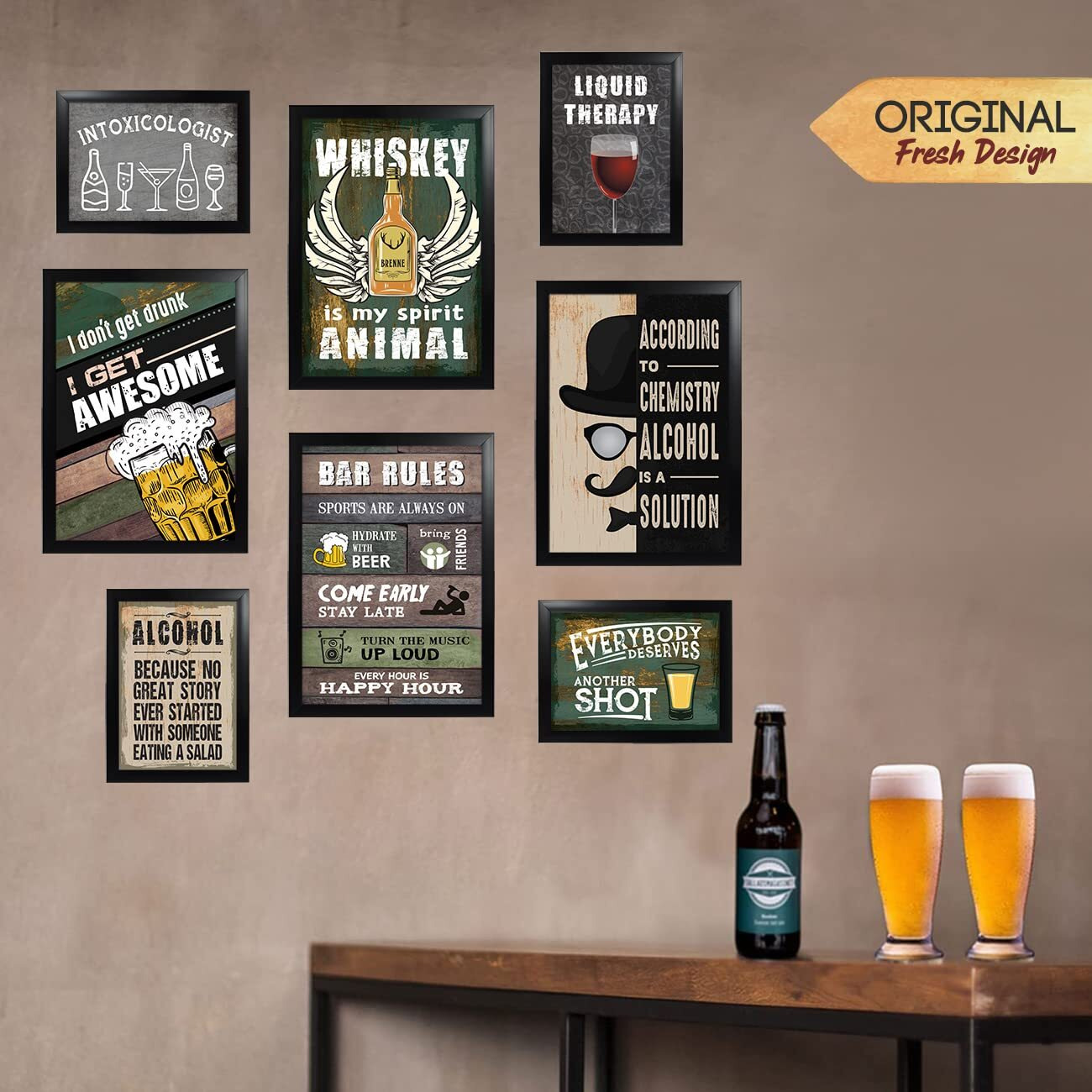 Chaka Chaundh - Set Of 8 Alchohol Quotes Framed Posters - Beer Bar Quotes Poster With Frame For Wall - (4 - A3) & (4 - A4)
