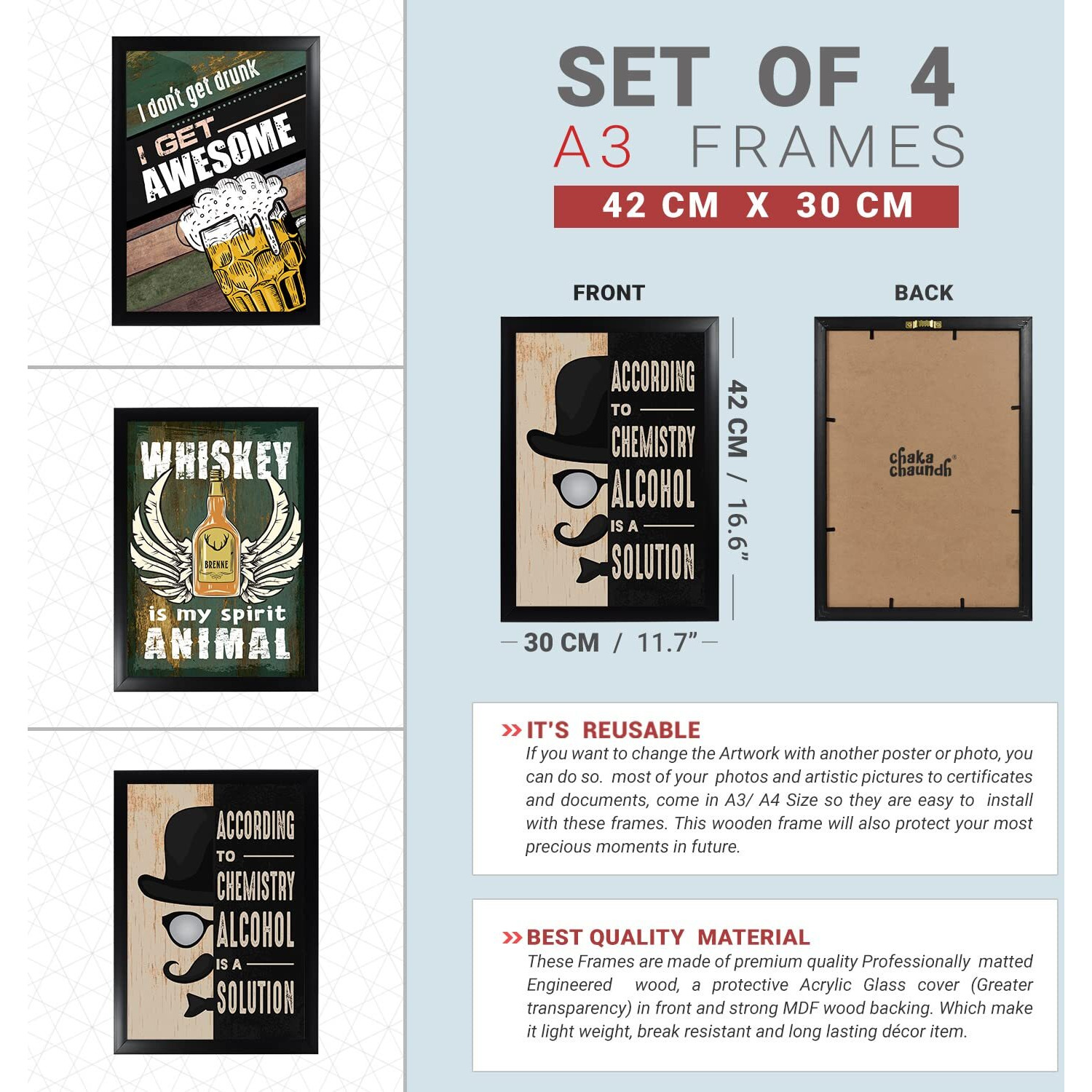 Chaka Chaundh - Set Of 8 Alchohol Quotes Framed Posters - Beer Bar Quotes Poster With Frame For Wall - (4 - A3) & (4 - A4)