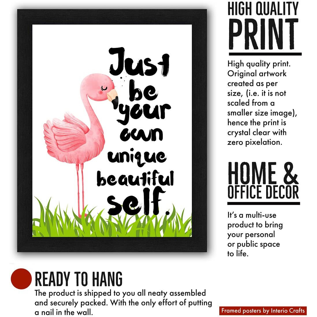 Interio Crafts Positive Quote Poster, Just Be Your Own Unique Beautiful Self Motivational Wall Frame, Synthetic Wood,Black, 13 X 10