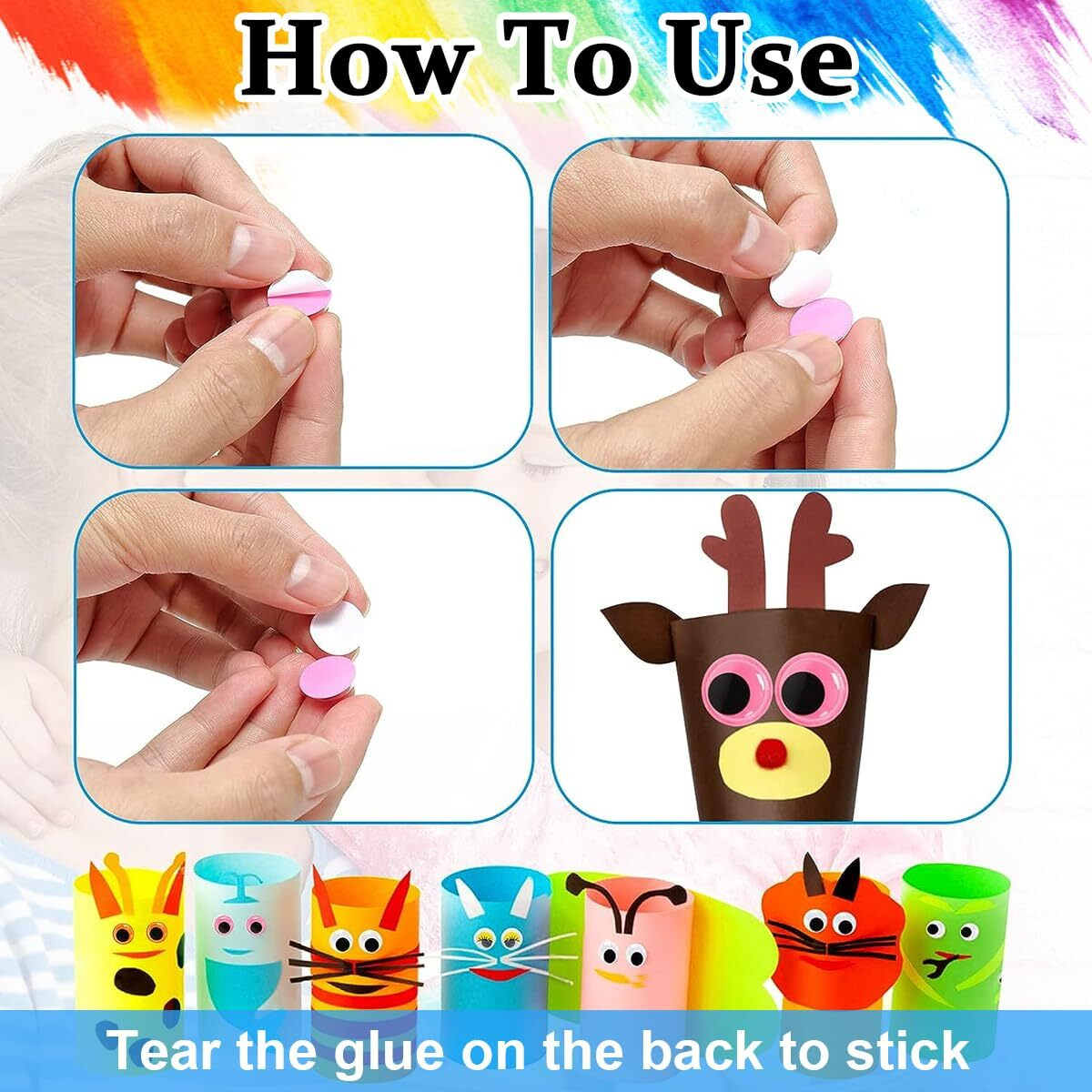 Hasthip 1500Pcs Googly Eyes For Craft, Self-Adhesive Wiggle Eyes Stickers Kit, Assorted Colors & Sizes Funny Plastic Googly Eyes For Diy Silly Sock Puppets Doll Toy