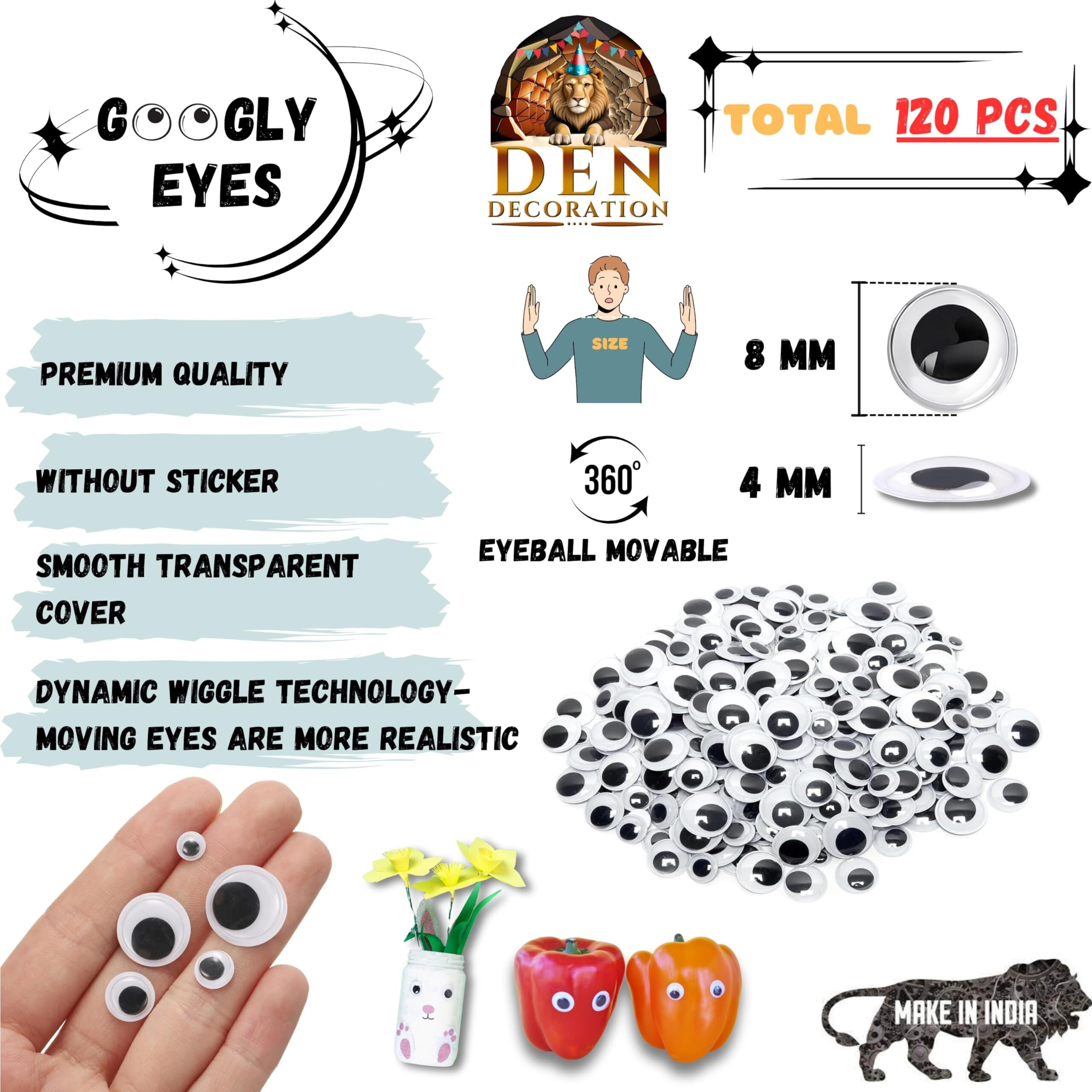 Den Decoration Premium Black Wiggle Googly Eyes Round Plastic For Craft (8Mm 120 Pieces)