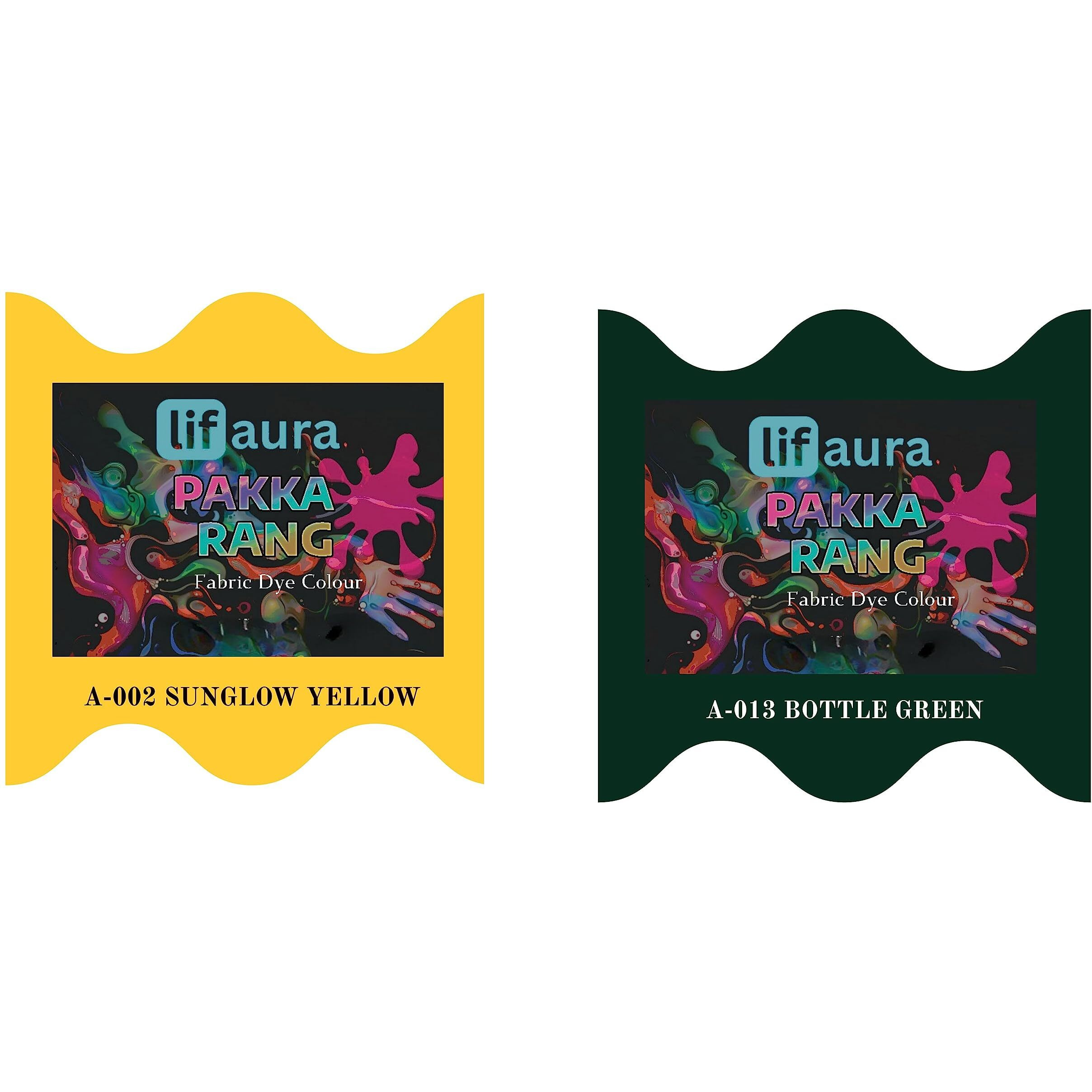 Prokart Lifaura Pakka Rang Fabric Permanent Dye Color Kit Pack Of 6 Sachets (5G Each 30G Pack) With 30G Dyfixershadea-002 Golden Yellow02 & Bottle Green13 Each Color 3 Sachets