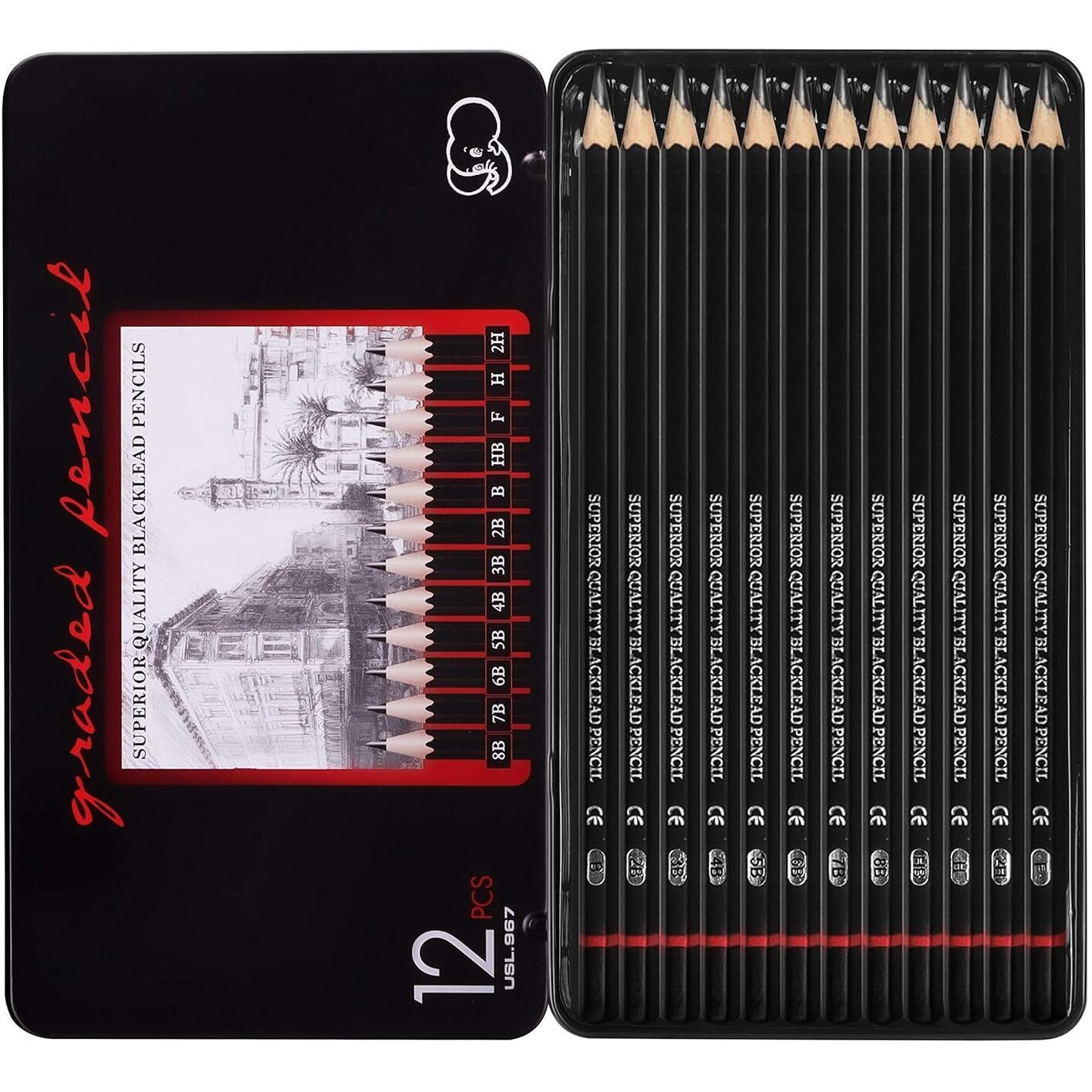 Qatalitic 12 Pcs Artist Sketching Graphite Pencils, (B 2B 3B 4B 5B 6B 7B 8B Hb H 2H F) With Metal Case, For Drawing Sketching Shading