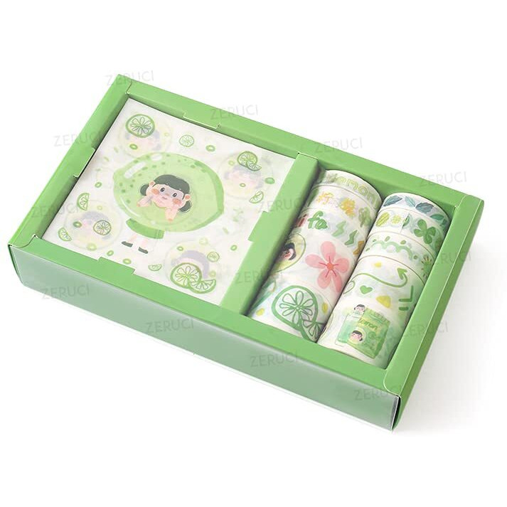 Zeruci Japanese Decorative Fruit Theme Washi Craft Tape & Sticker Set | 10 Washi Rolls + 12 Sticker Sheets | Diy Bujo Journal Scrapbook Dear Diary (Lime Theme)