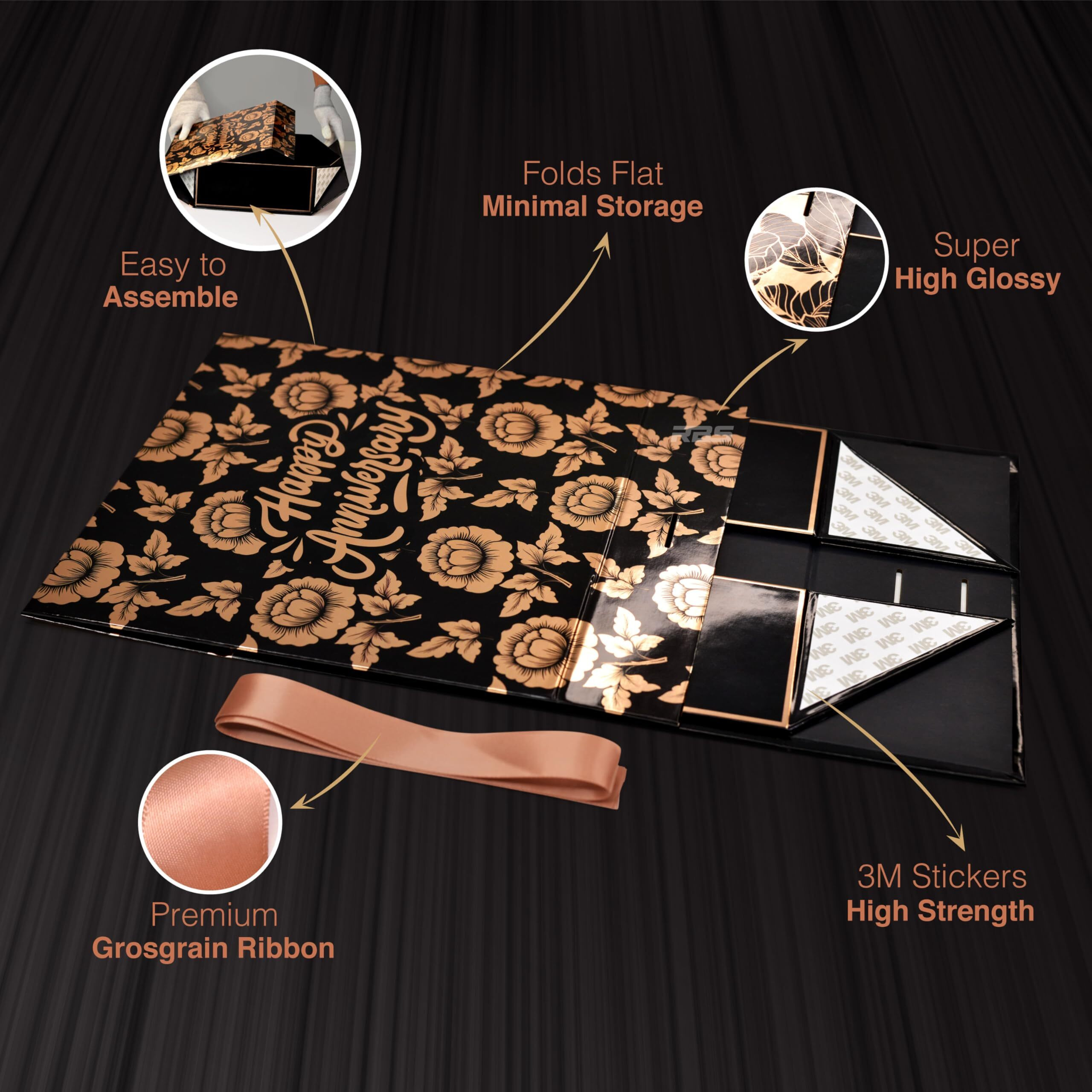 Rbs - Medium Rose Gold Anniversary Gift Box (26 X 26 X 10Cm) Gift Box For Weddings (1 Pack) Holding Up To 8Kg Anniversary Gift For Husband Multipurpose Anniversary Gift For Couple (Chinese Peonies)