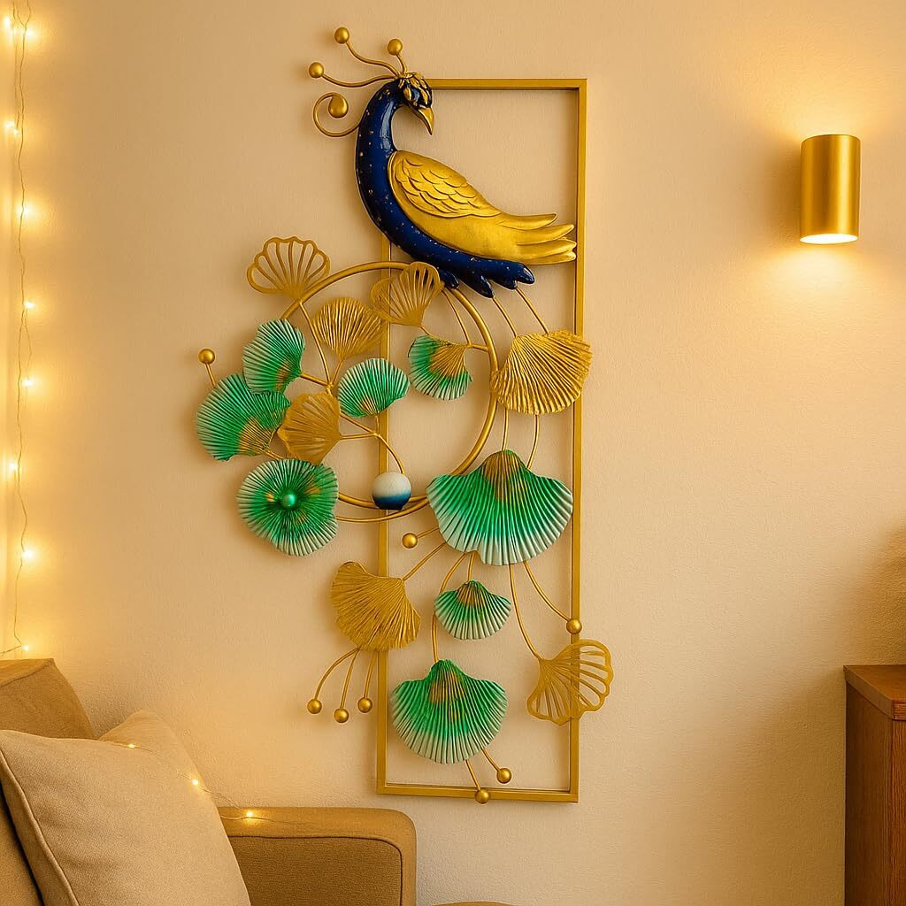Rsn Peacock With Led Metal Frame Wall Dcor Entrance, Antique Wall Hanging, Wrought Iron, Wall Art Decor Hanging For Home Decoration Living Room, Bedroom, Home, Office, Hotel (Size 40X20 Inch)