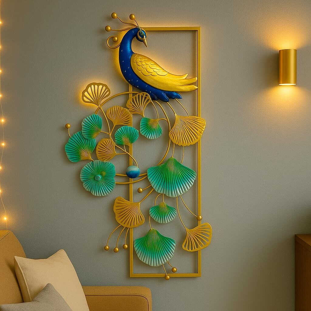 Rsn Peacock With Led Metal Frame Wall Dcor Entrance, Antique Wall Hanging, Wrought Iron, Wall Art Decor Hanging For Home Decoration Living Room, Bedroom, Home, Office, Hotel (Size 40X20 Inch)