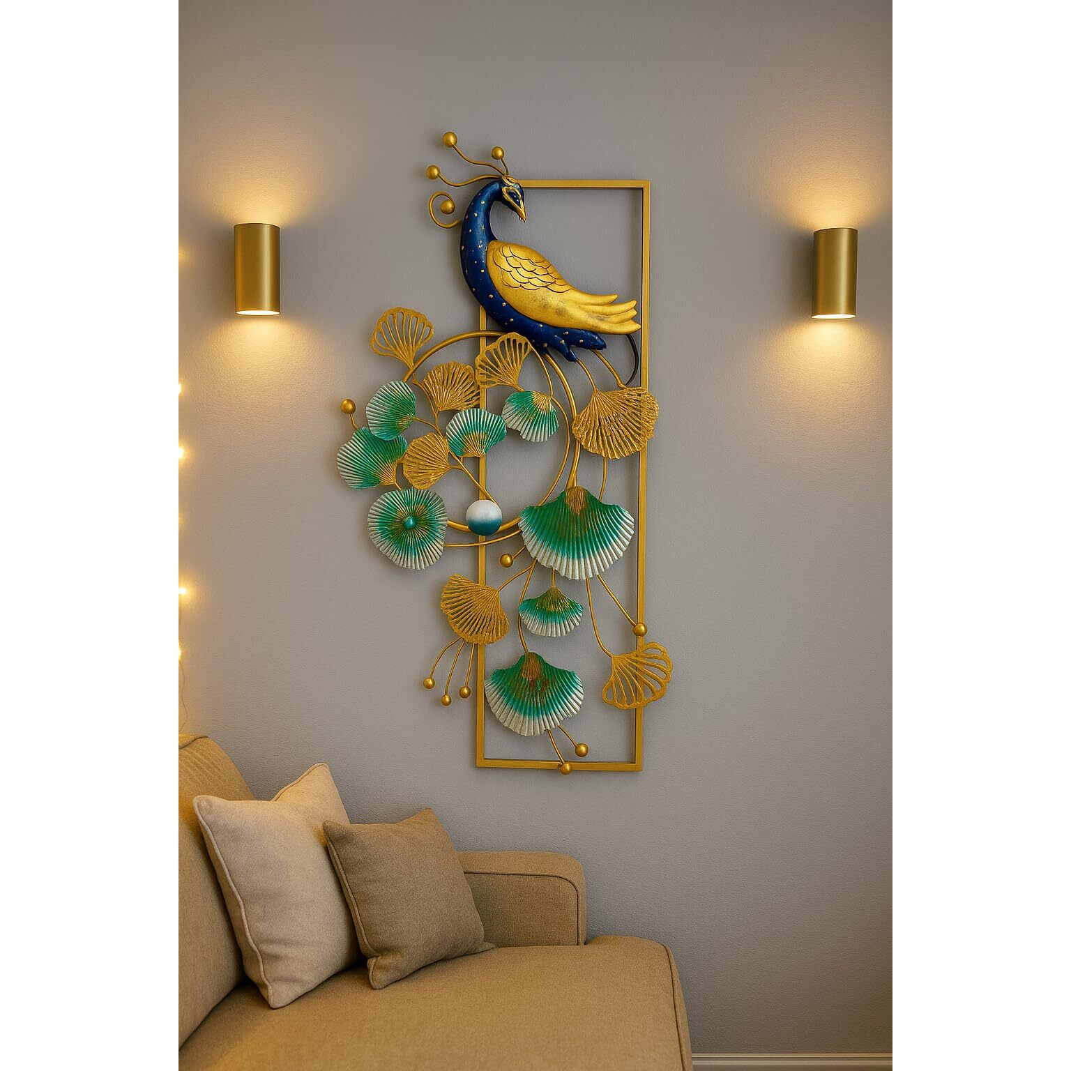 Rsn Peacock With Led Metal Frame Wall Dcor Entrance, Antique Wall Hanging, Wrought Iron, Wall Art Decor Hanging For Home Decoration Living Room, Bedroom, Home, Office, Hotel (Size 40X20 Inch)