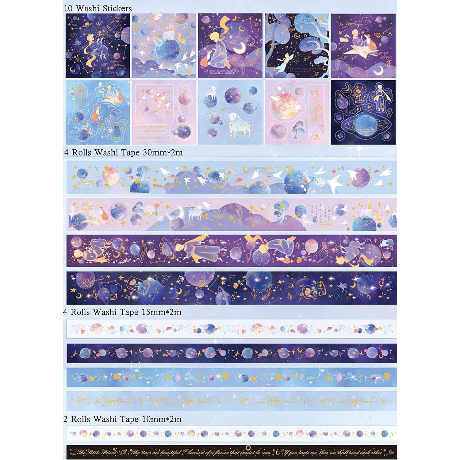 Invite Enterprise Diy The Little Prince 10Rolls Foil Gold Decorative Purple Universe Stars Washi Masking Tapes Stickers Set For Scrapbooking,Gift Wrapping, Decoration, Arts & Crafts(The Little Prince)