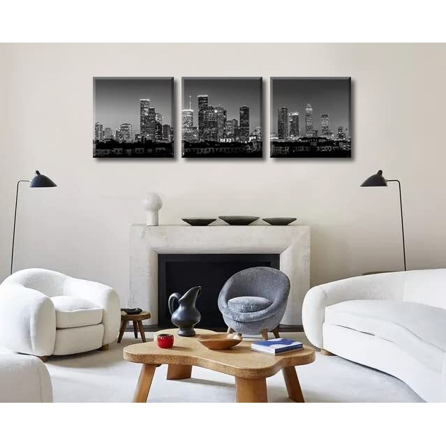 Houston Skyline Wall Art - Black And White Cityscape Panoramic Texas Texans Pictures Print On Canvas Decoration 3 Panel For Living Room Bedroom Office Bathroom Home Decor Stretched And Framed