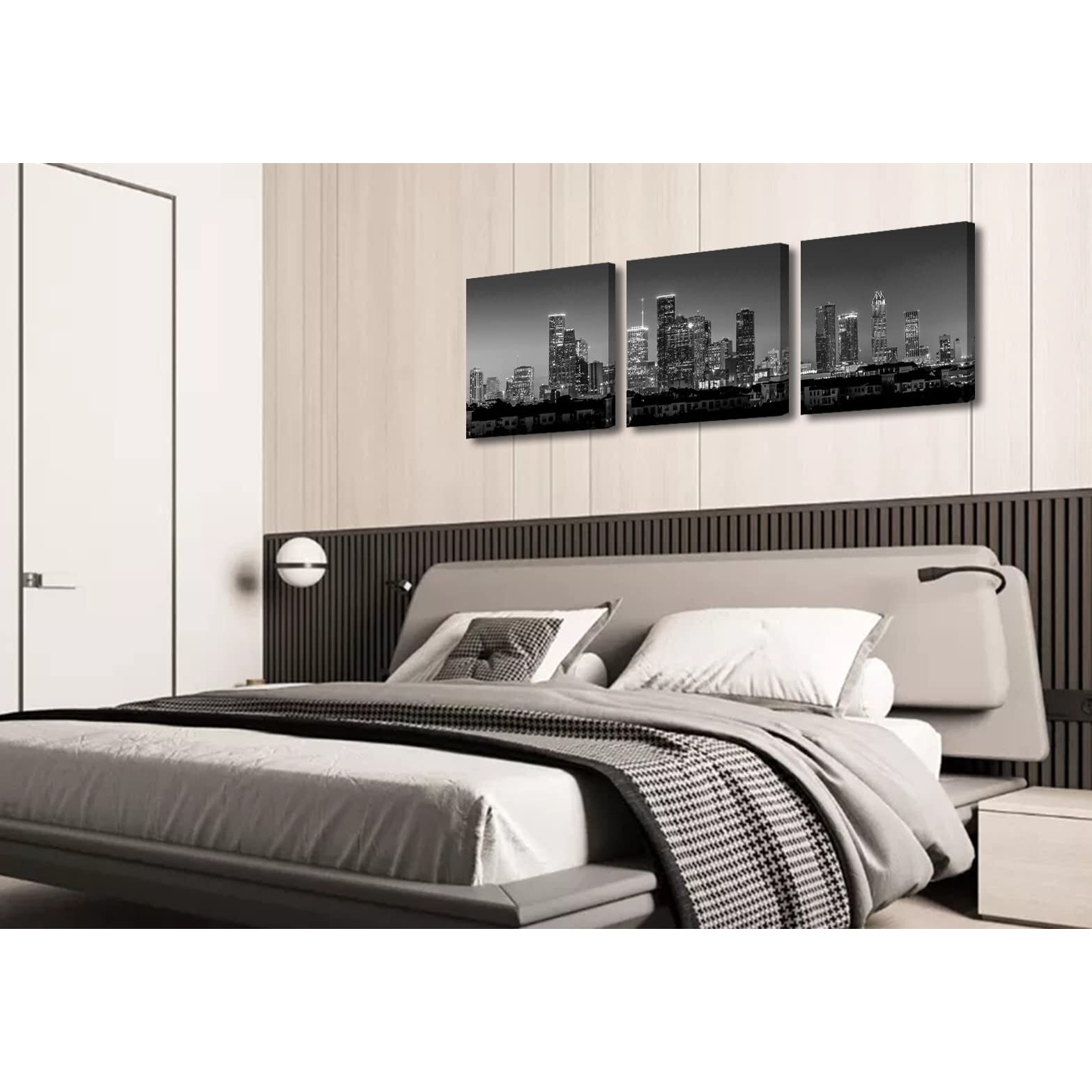 Houston Skyline Wall Art - Black And White Cityscape Panoramic Texas Texans Pictures Print On Canvas Decoration 3 Panel For Living Room Bedroom Office Bathroom Home Decor Stretched And Framed