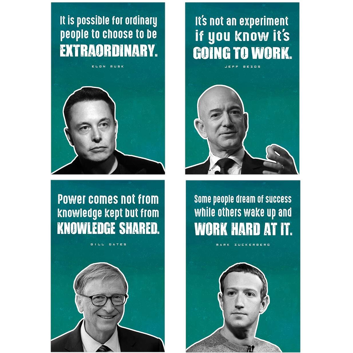 Chaka Chaundh - Motivational Posters Of Elon Musk Mark Zuckerberg Steve Jobs Jeff Bezos For Study Room (Aqua, 18" X 12" ) Set Of 4