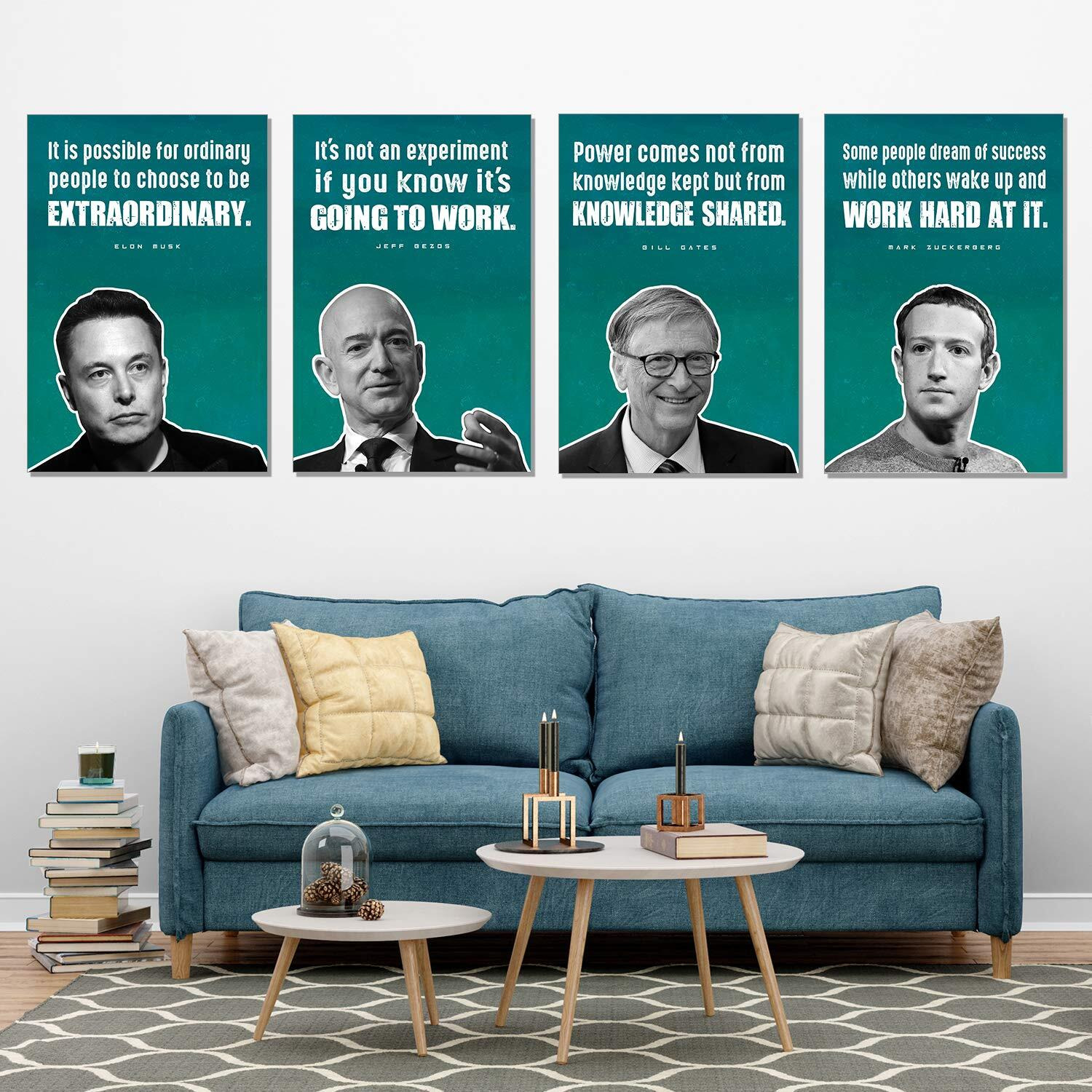 Chaka Chaundh - Motivational Posters Of Elon Musk Mark Zuckerberg Steve Jobs Jeff Bezos For Study Room (Aqua, 18" X 12" ) Set Of 4