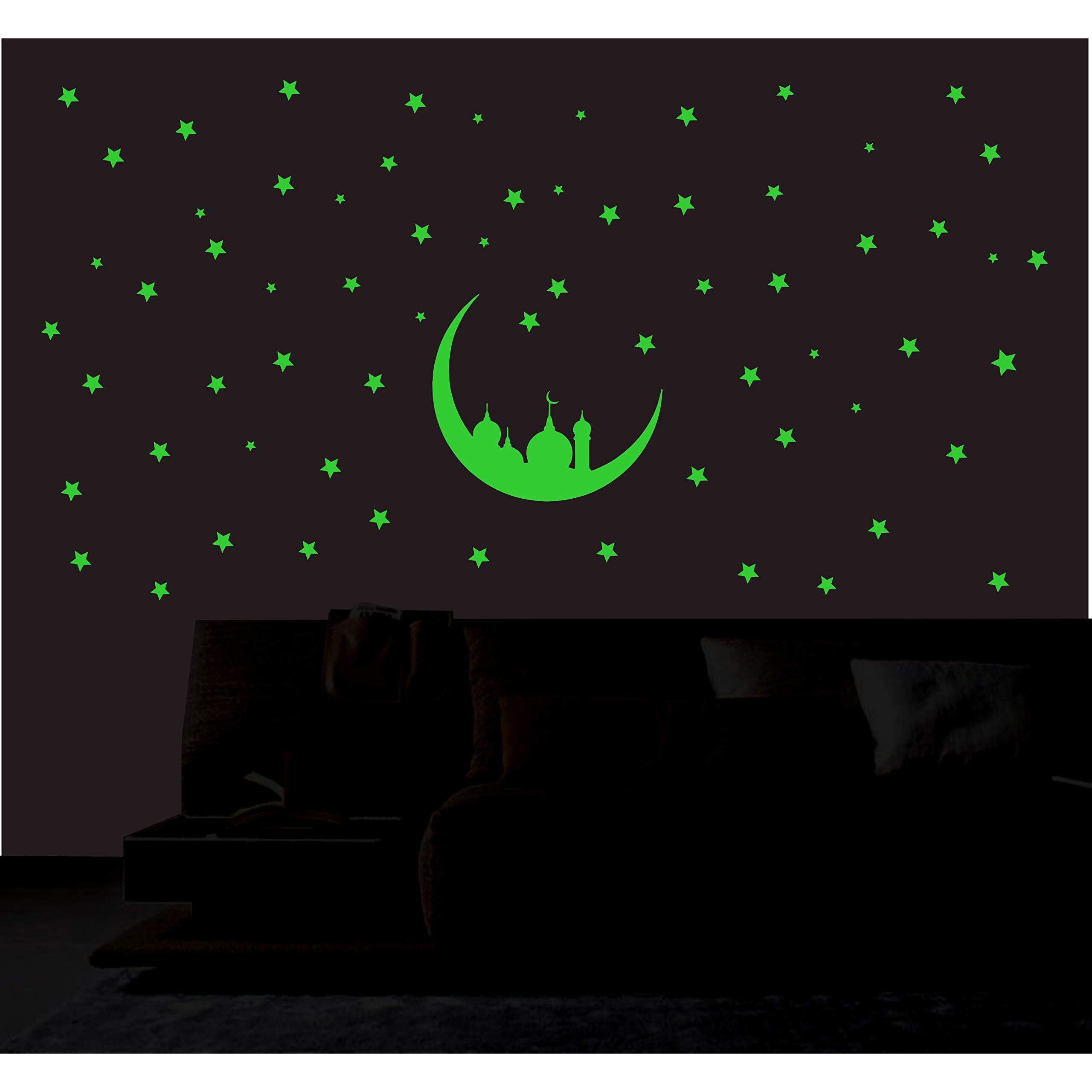 Dreamkraft Glow In The Dark Moon And Mosquie Decorative Radium Green Sticker For Home Wall Decor (20Cmx17Cm)