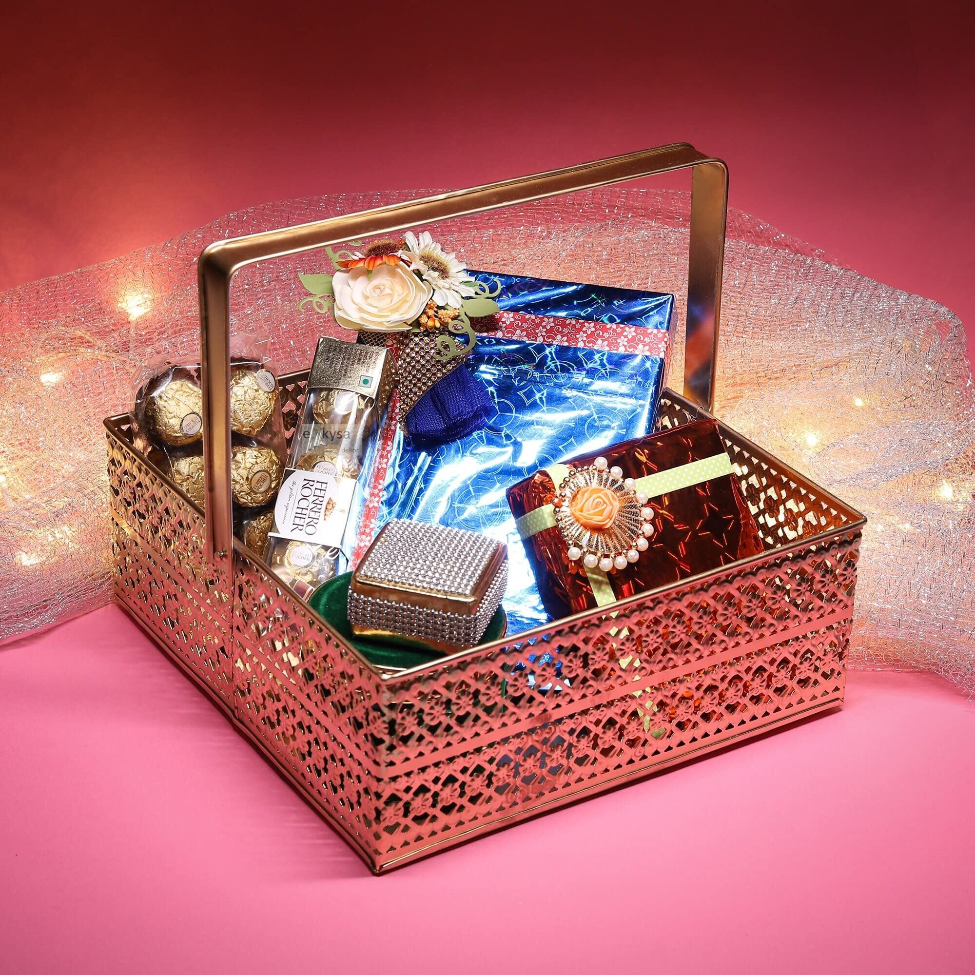 Ekysa Dekor Metal Sheet Multipurpose Hamper Oval Fancy Basket/Tray/Platter Box With Movable Handles For Packing, Gifting, Decoration - Golden (10 * 4 Inch)