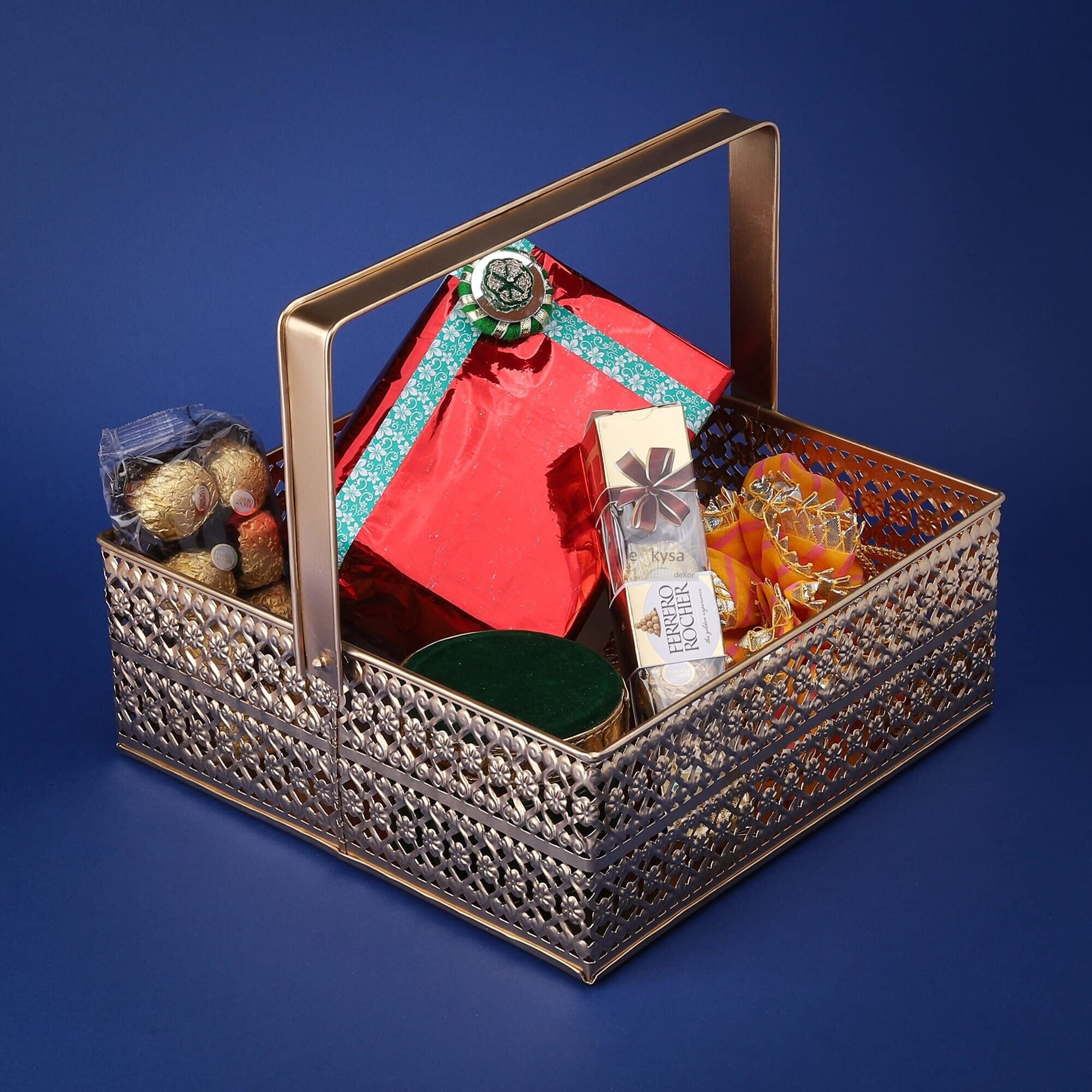 Ekysa Dekor Metal Sheet Multipurpose Hamper Oval Fancy Basket/Tray/Platter Box With Movable Handles For Packing, Gifting, Decoration - Golden (10 * 4 Inch)