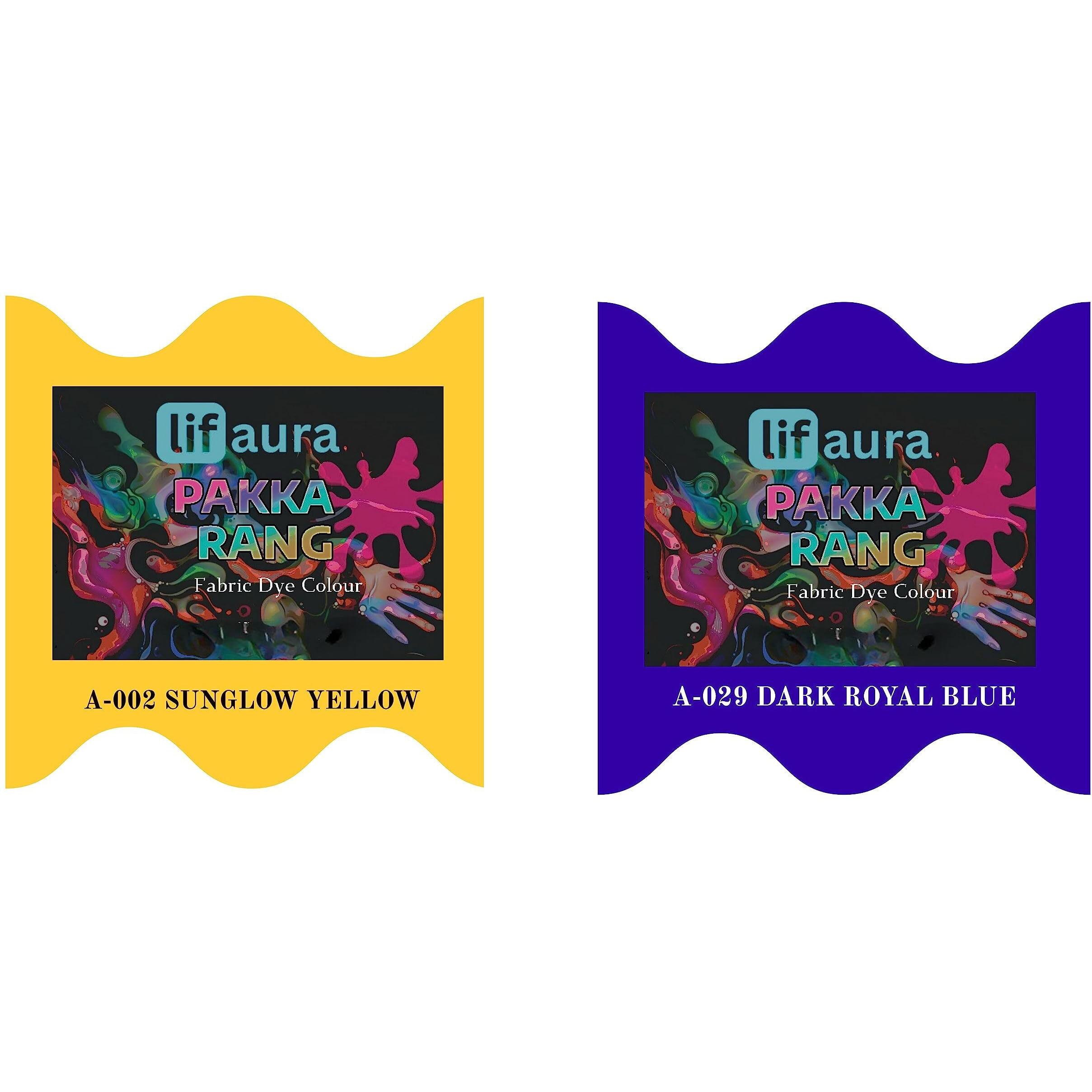 Prokart Lifaura Pakka Rang Fabric Permanent Dye Color Kit Pack Of 6 Sachets (5G Each 30G Pack) With 30G Dyfixershadea-002 Golden Yellow02 & Royal Blue29 Each Color 3 Sachets