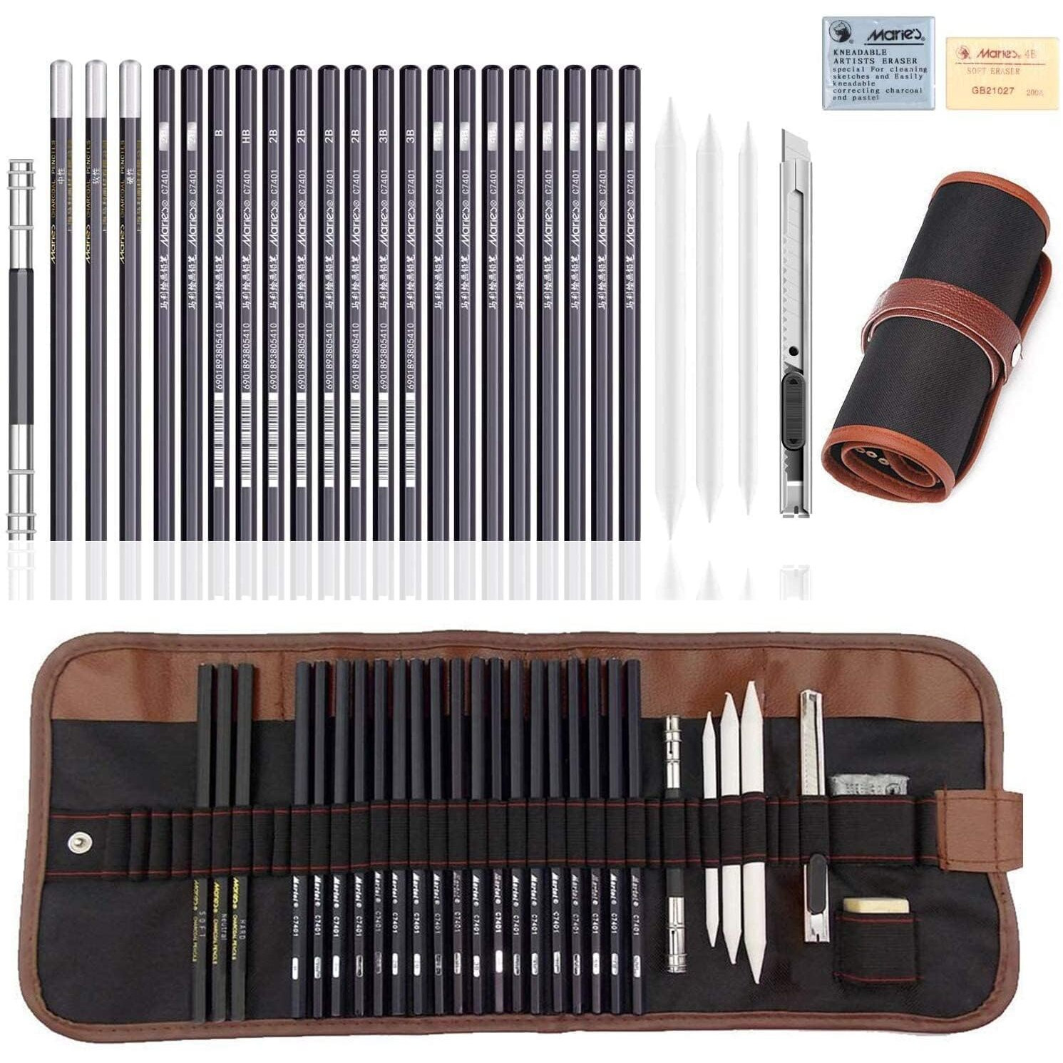 Exomoon 30 Pcs Professional Sketching Pencil Set, Drawing Pencils And Sketch Kit, Complete Artist Kit Includes Graphite Pencils,Charcoal Pencils, Paper Erasable Pen, Sketch Pencils Set For Drawing