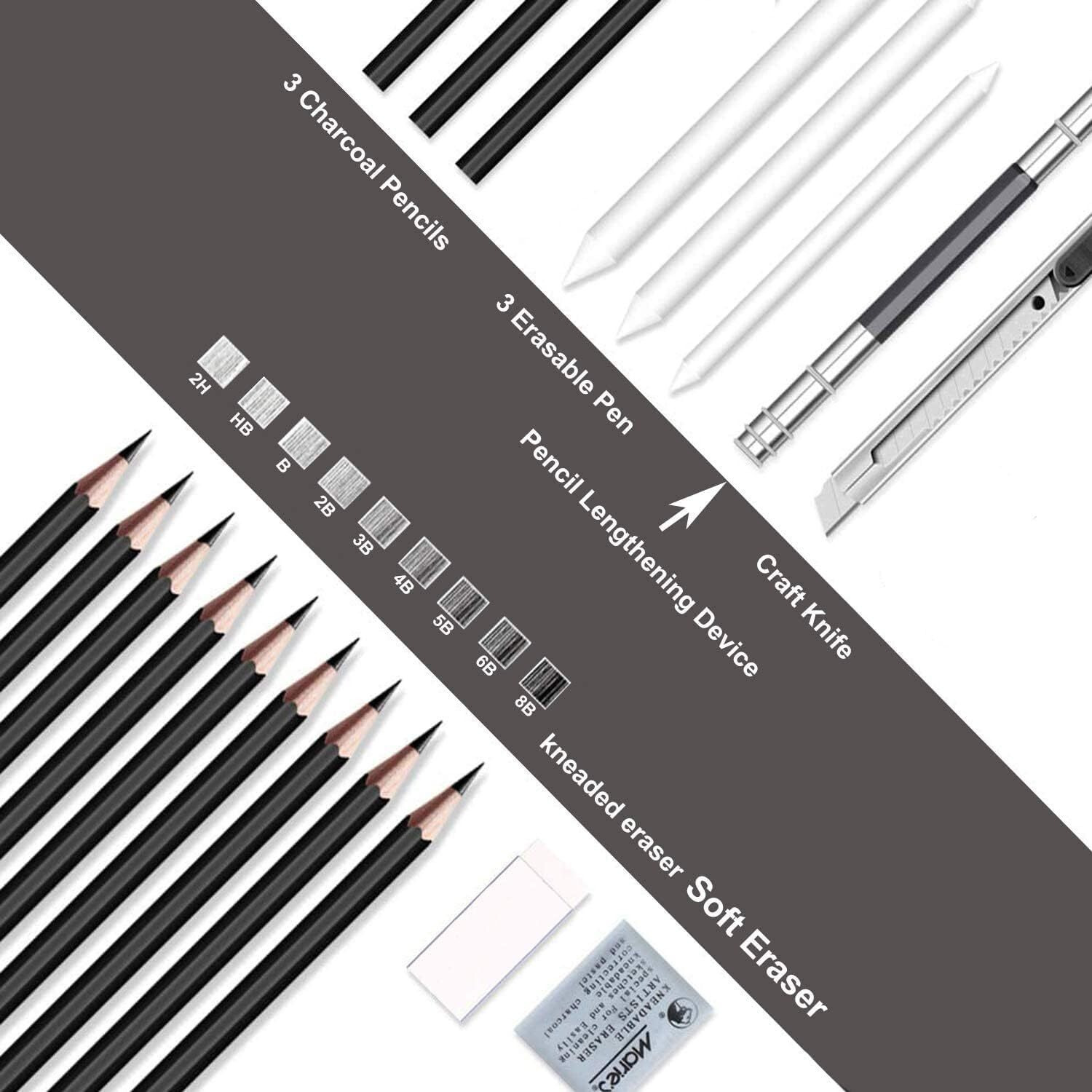 Exomoon 30 Pcs Professional Sketching Pencil Set, Drawing Pencils And Sketch Kit, Complete Artist Kit Includes Graphite Pencils,Charcoal Pencils, Paper Erasable Pen, Sketch Pencils Set For Drawing