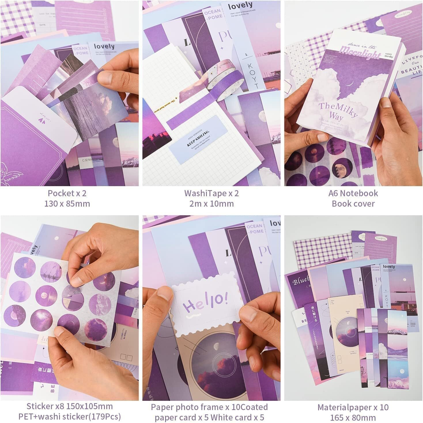 Brijex Vintage Journal Scrapbook Pack Kit For Art Journaling Bullet, Planners Diy Paper Stickers, Craft Kits Notebook, Collage Album Aesthetic Sticker (Moonlight), Purple