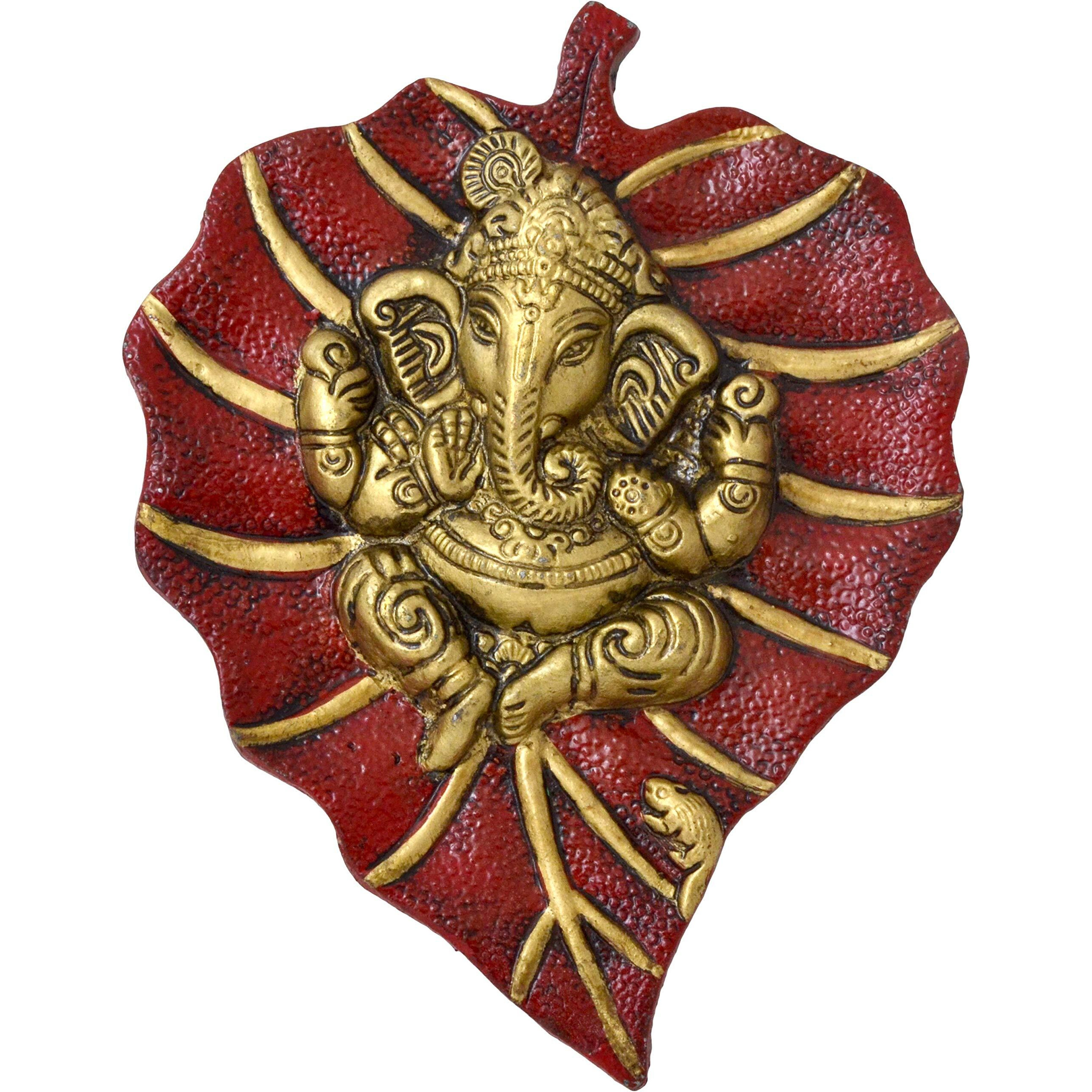 Two Moustaches Patta Ganesha Metal Wall Hanging (5.5 X 7 Inch, Red Gold)