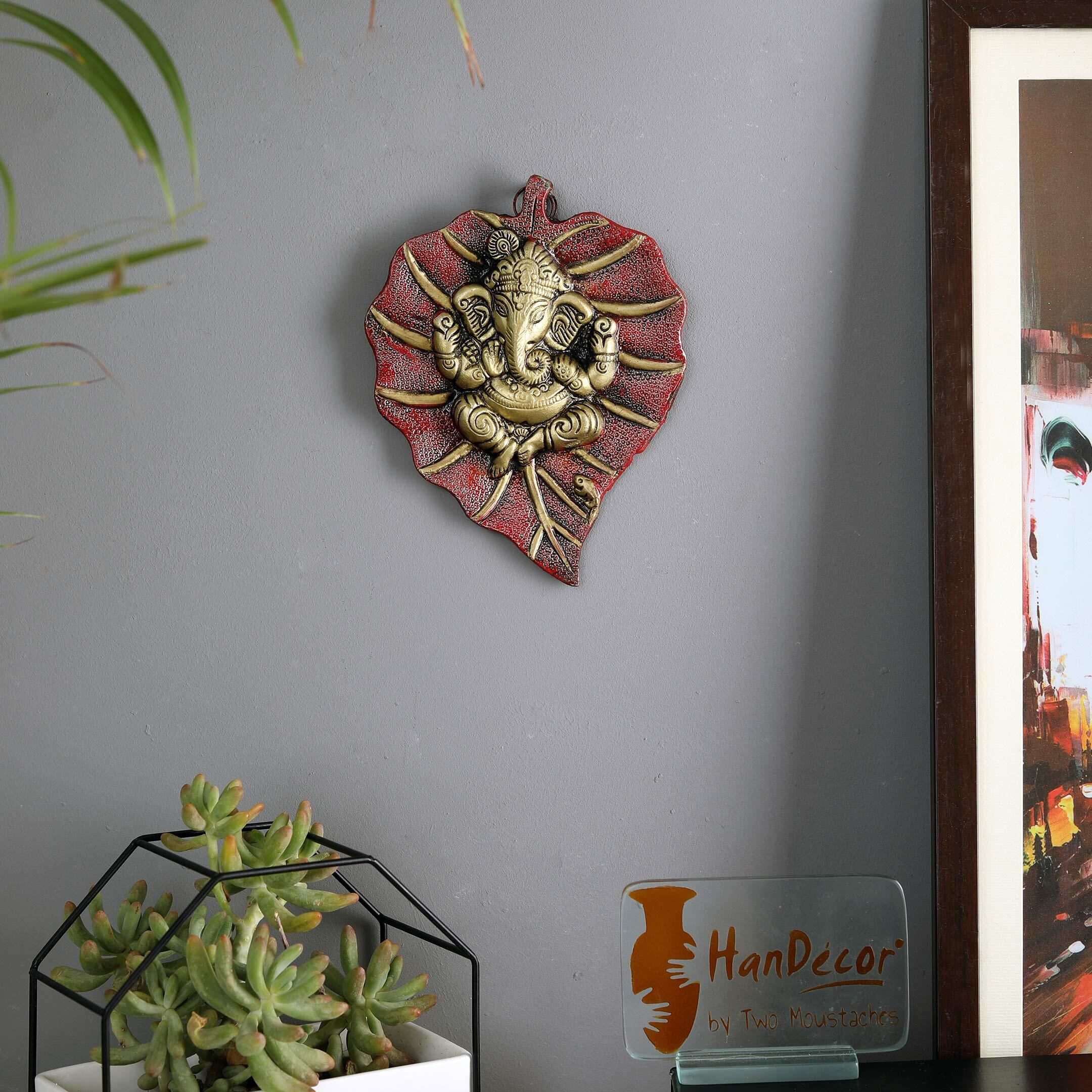 Two Moustaches Patta Ganesha Metal Wall Hanging (5.5 X 7 Inch, Red Gold)