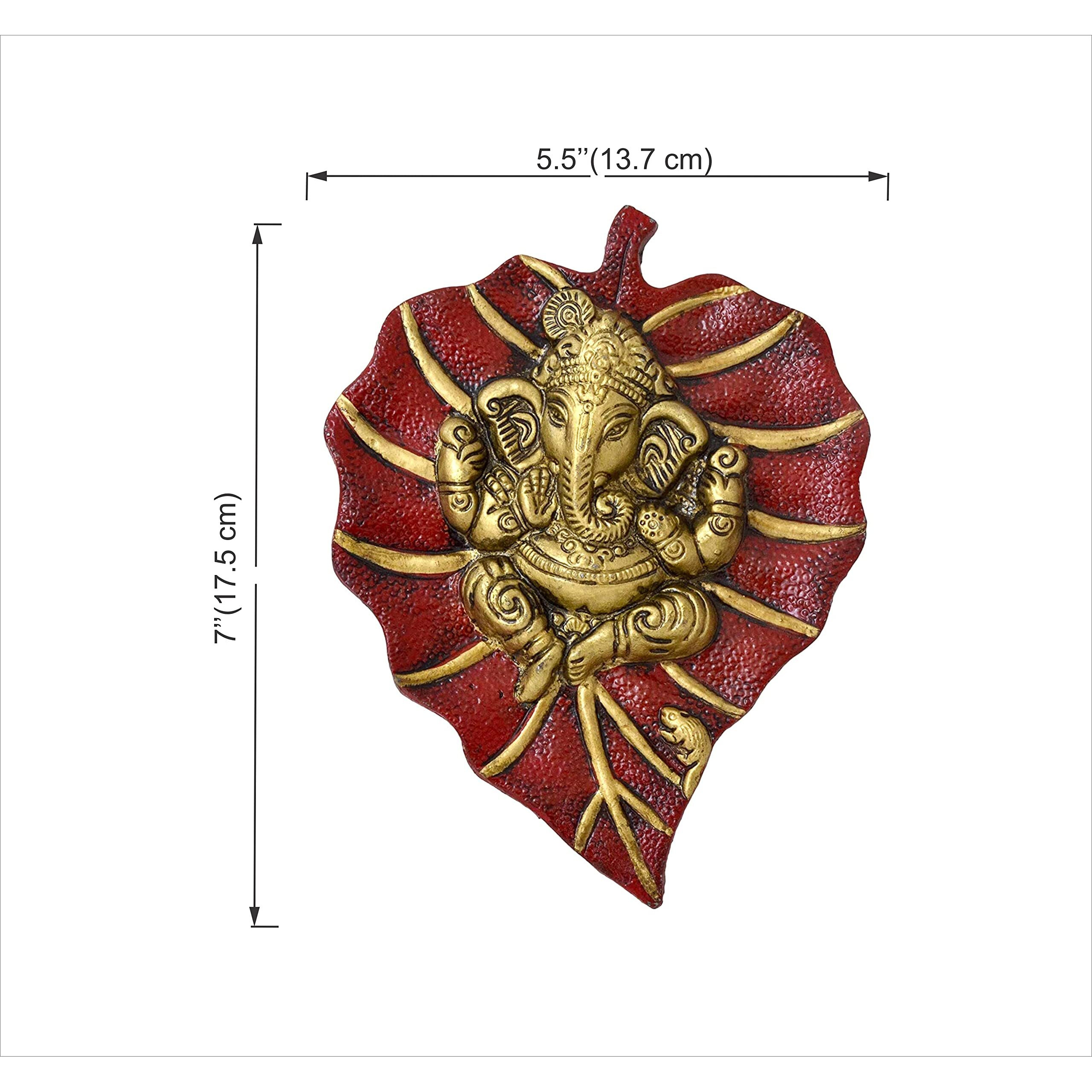 Two Moustaches Patta Ganesha Metal Wall Hanging (5.5 X 7 Inch, Red Gold)