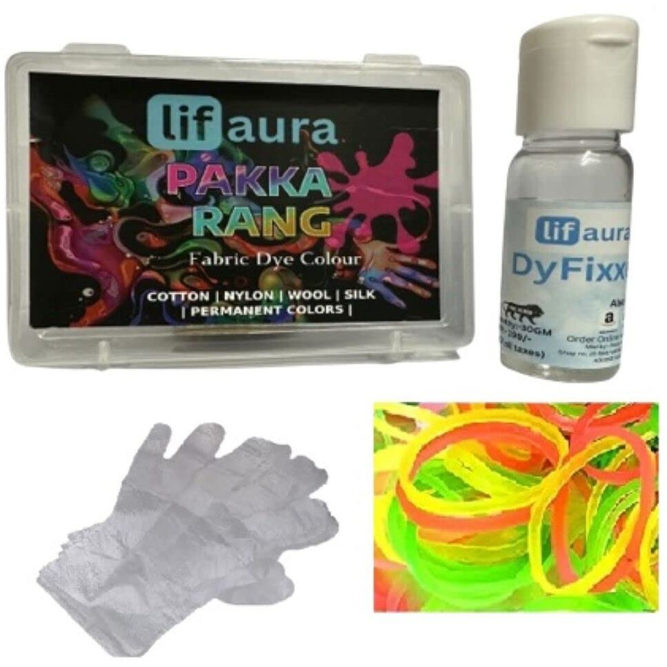 Prokart Lifaura Pakka Rang Kit Fabric Permanent Dye Color Kit Pack Of 5 Sachets (5G Each 25G Pack) 30G Dyfixer, 2Pair Gloves And 5 Rubber Band Shadea-19  Merigold Orange