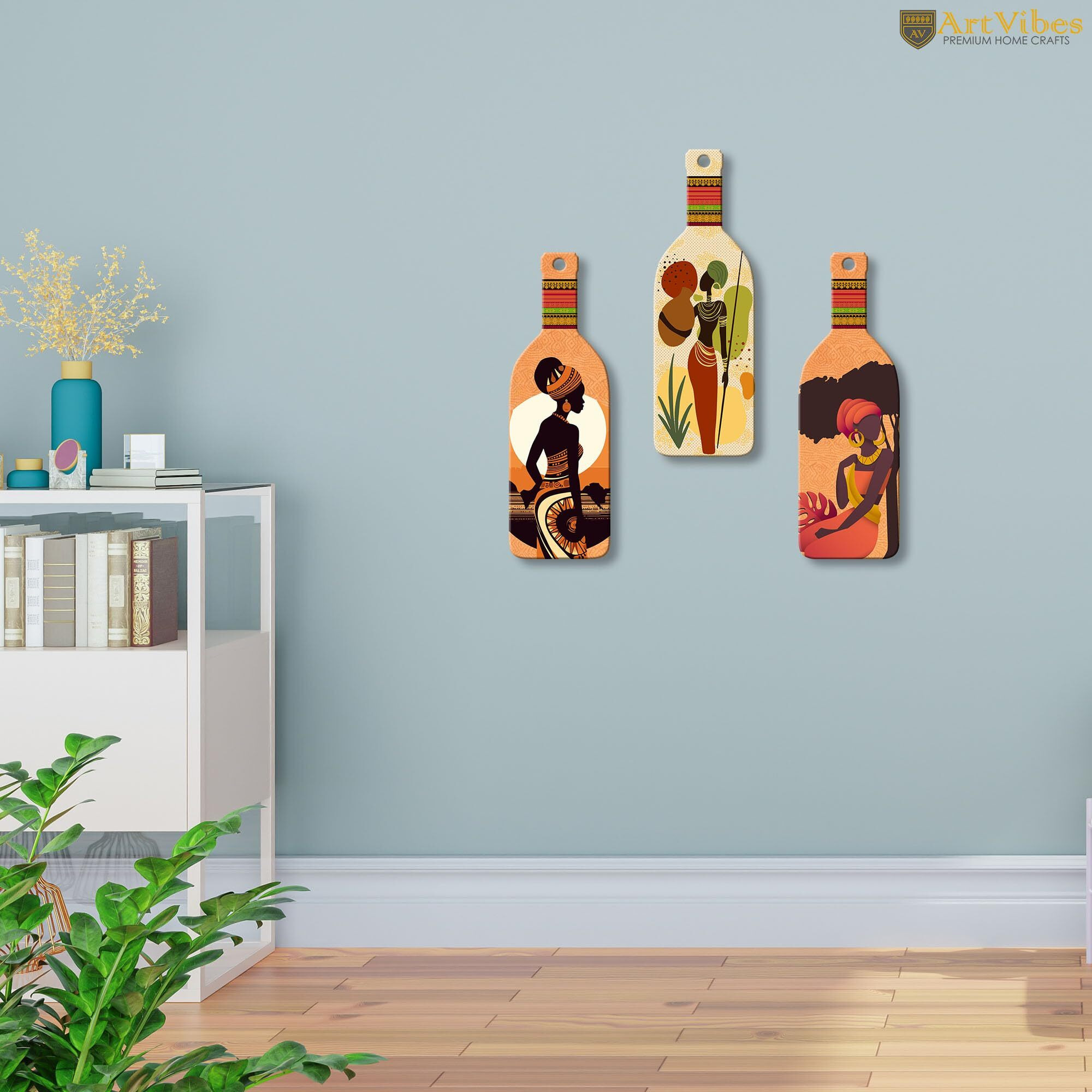 Artvibes African Warli Art Wooden Wall Hanging For Home Decor | Decoration Items For Livingroom | Art Item For Office | Decorative Mdf Wall Hanger Artwork (Wh_9519N), (Set Of 3)