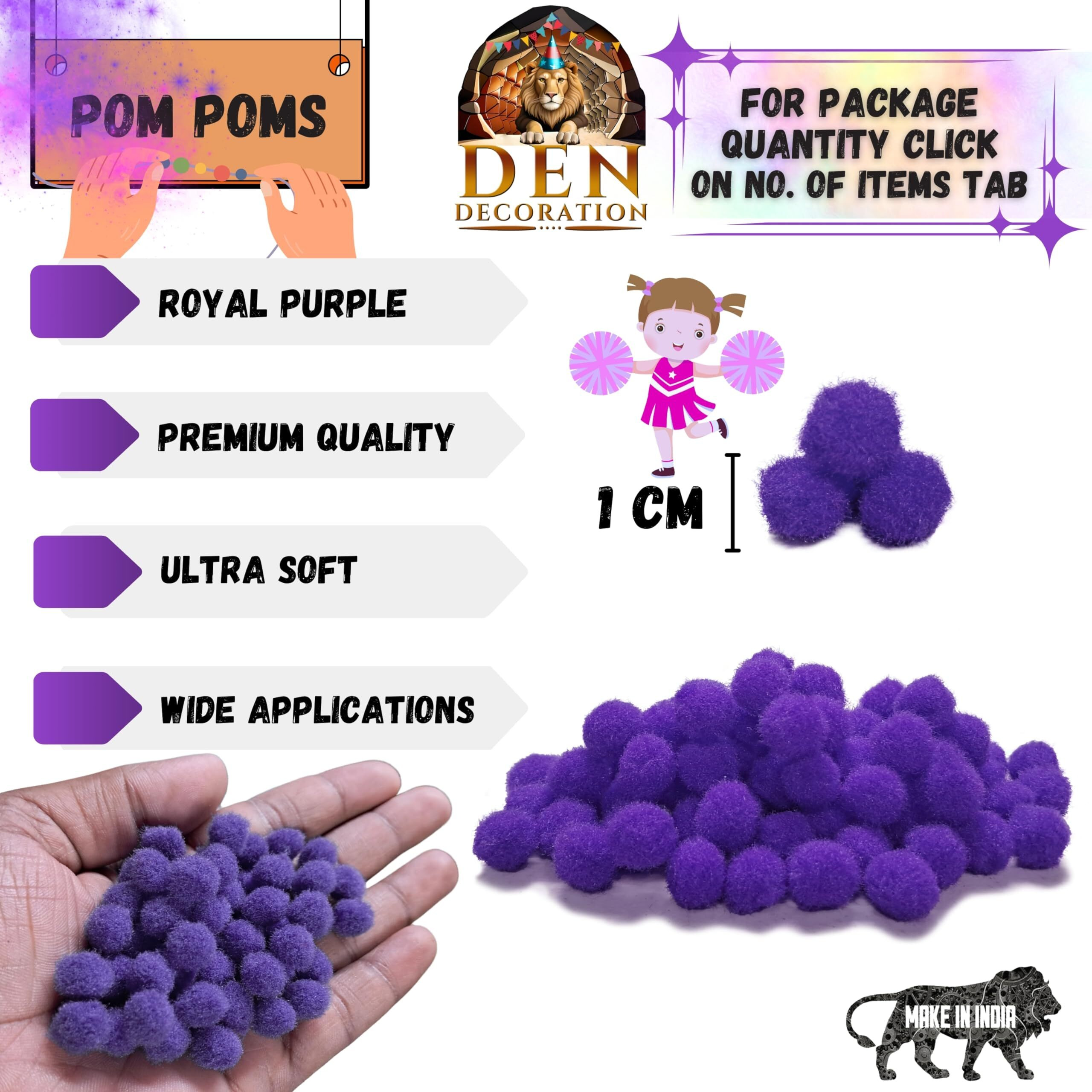 Den Decoration Premium Soft Tiny Pom Pom Balls For Craft (1 Cm) (Royal Purple, 100)