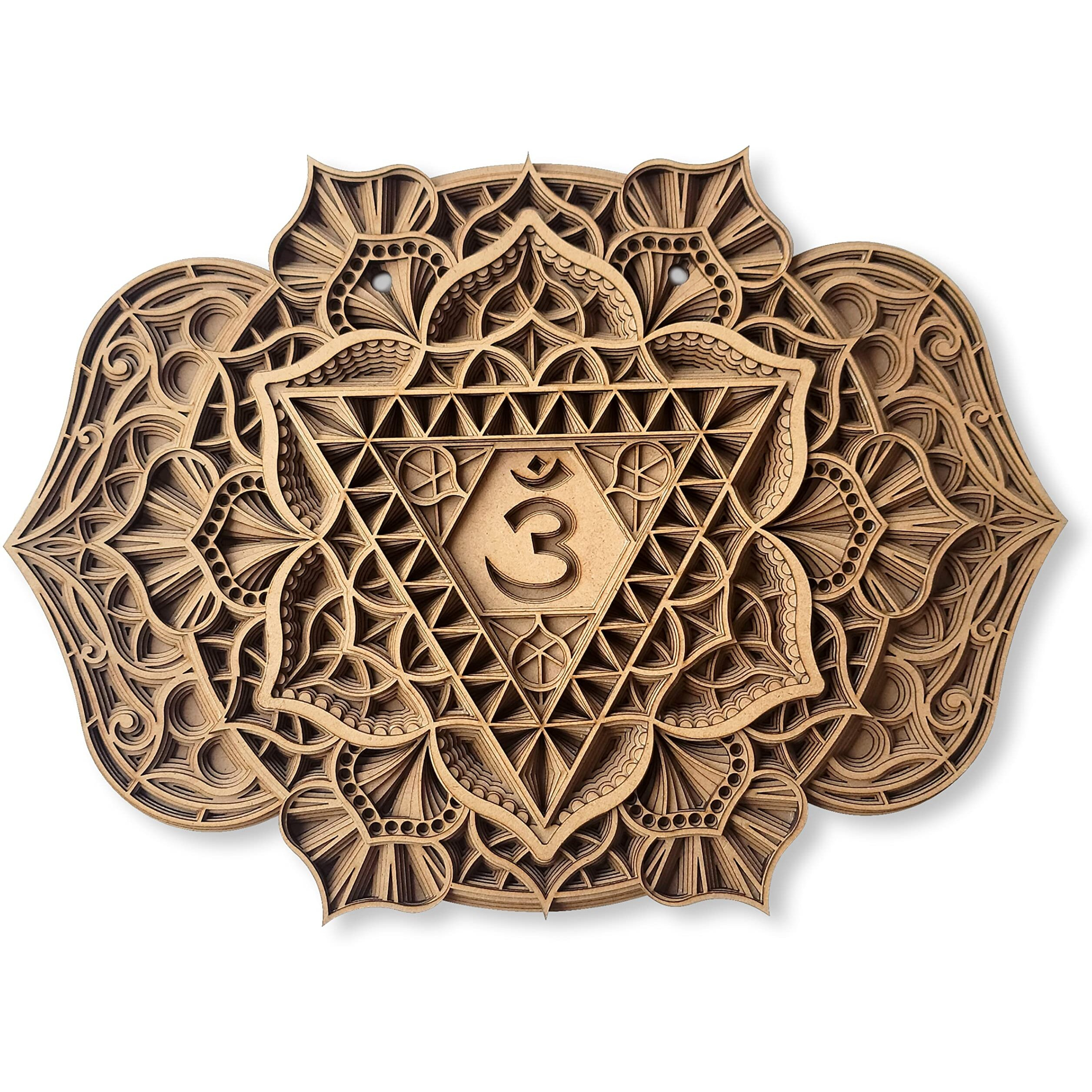 Gloridec Wooden 3D Laser Cut Decorative Mandala Wall Decor | Decorative Multi Layered Rectangle Mandala Wall Art, Living Room Wall Hanging (Ajna Chakra Mandala) (16" X 11.5")