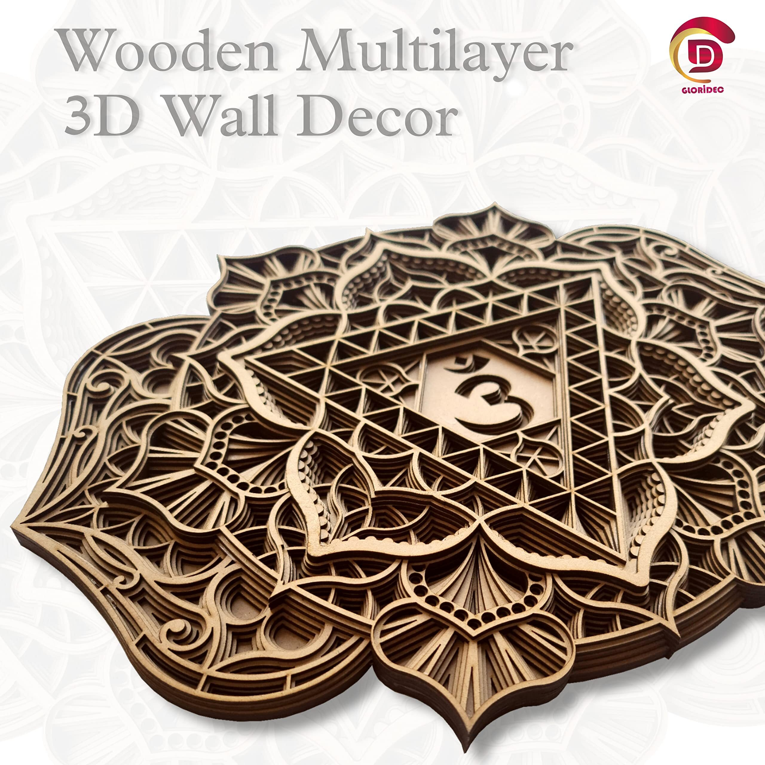 Gloridec Wooden 3D Laser Cut Decorative Mandala Wall Decor | Decorative Multi Layered Rectangle Mandala Wall Art, Living Room Wall Hanging (Ajna Chakra Mandala) (16" X 11.5")