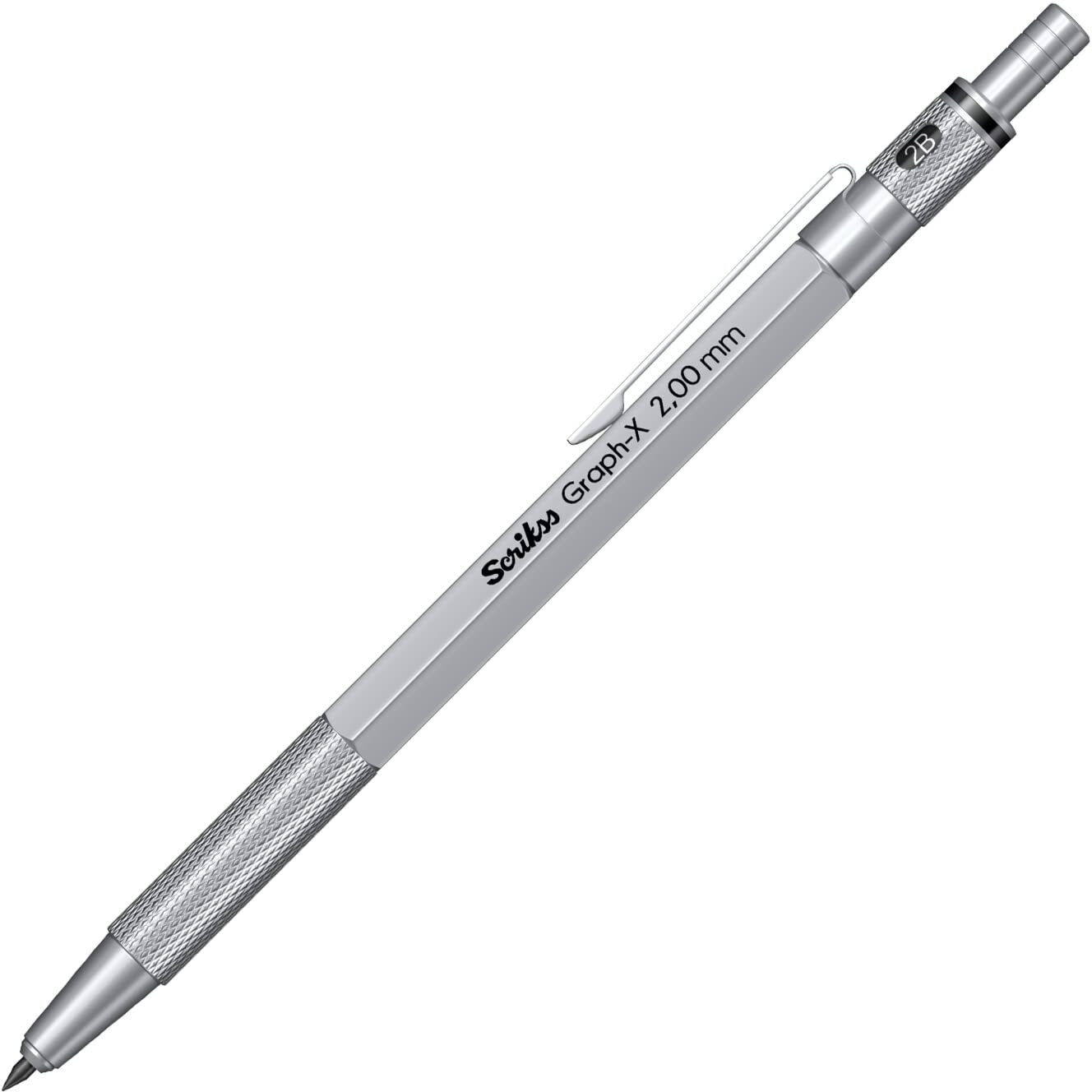 Scrikss 2.0Mm Mechanical Clutch Lead Pen Pencil Satin Chrome Brass Body Push Mechanism Graph-X Series Mini Removable Sharpener