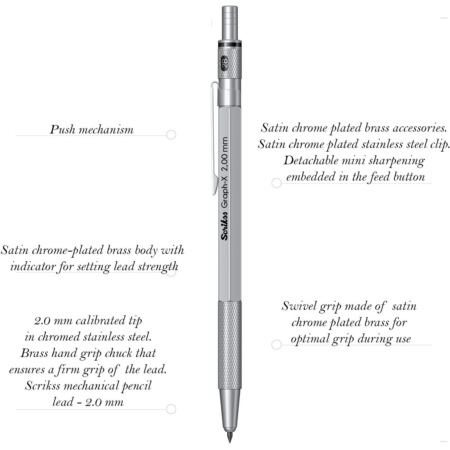 Scrikss 2.0Mm Mechanical Clutch Lead Pen Pencil Satin Chrome Brass Body Push Mechanism Graph-X Series Mini Removable Sharpener
