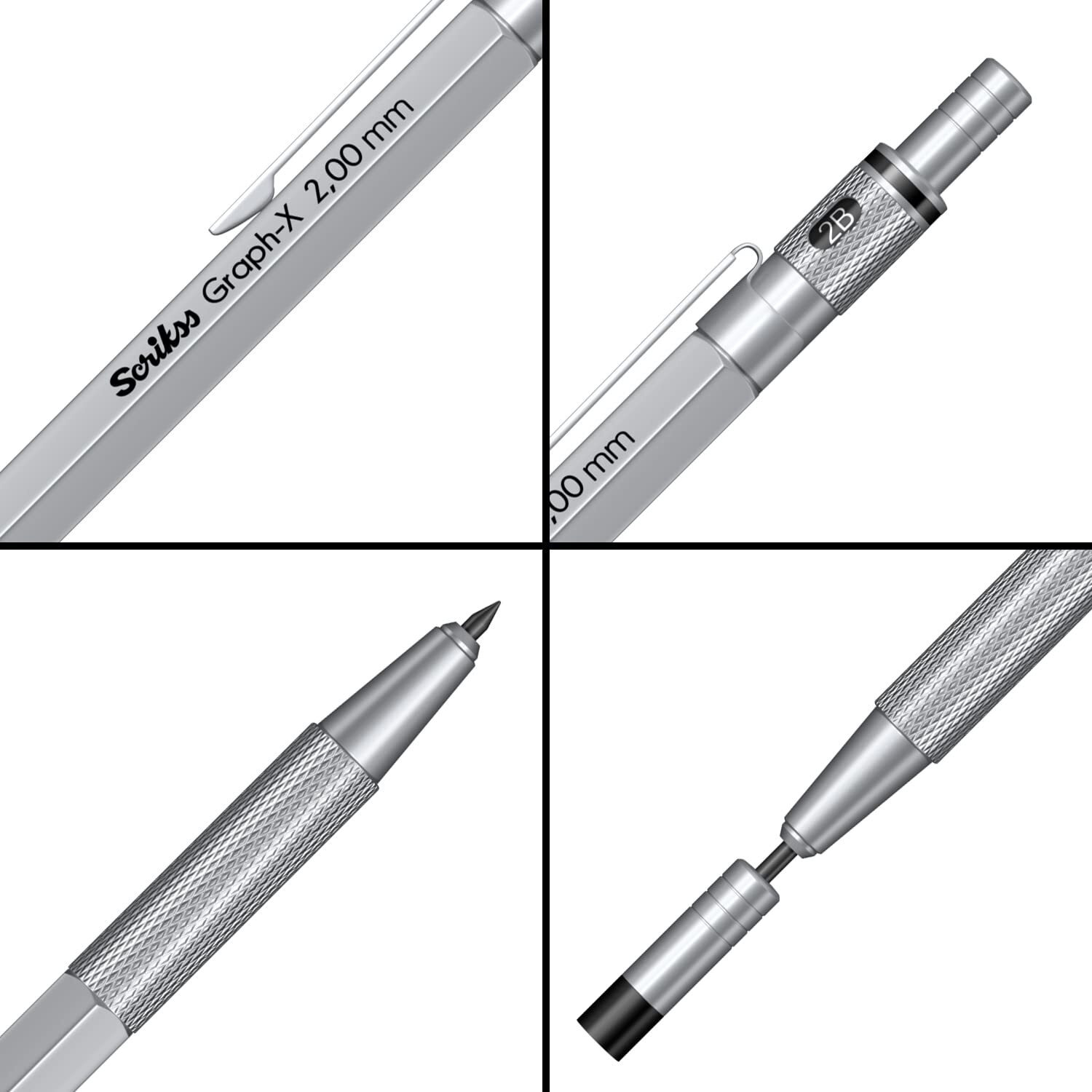 Scrikss 2.0Mm Mechanical Clutch Lead Pen Pencil Satin Chrome Brass Body Push Mechanism Graph-X Series Mini Removable Sharpener