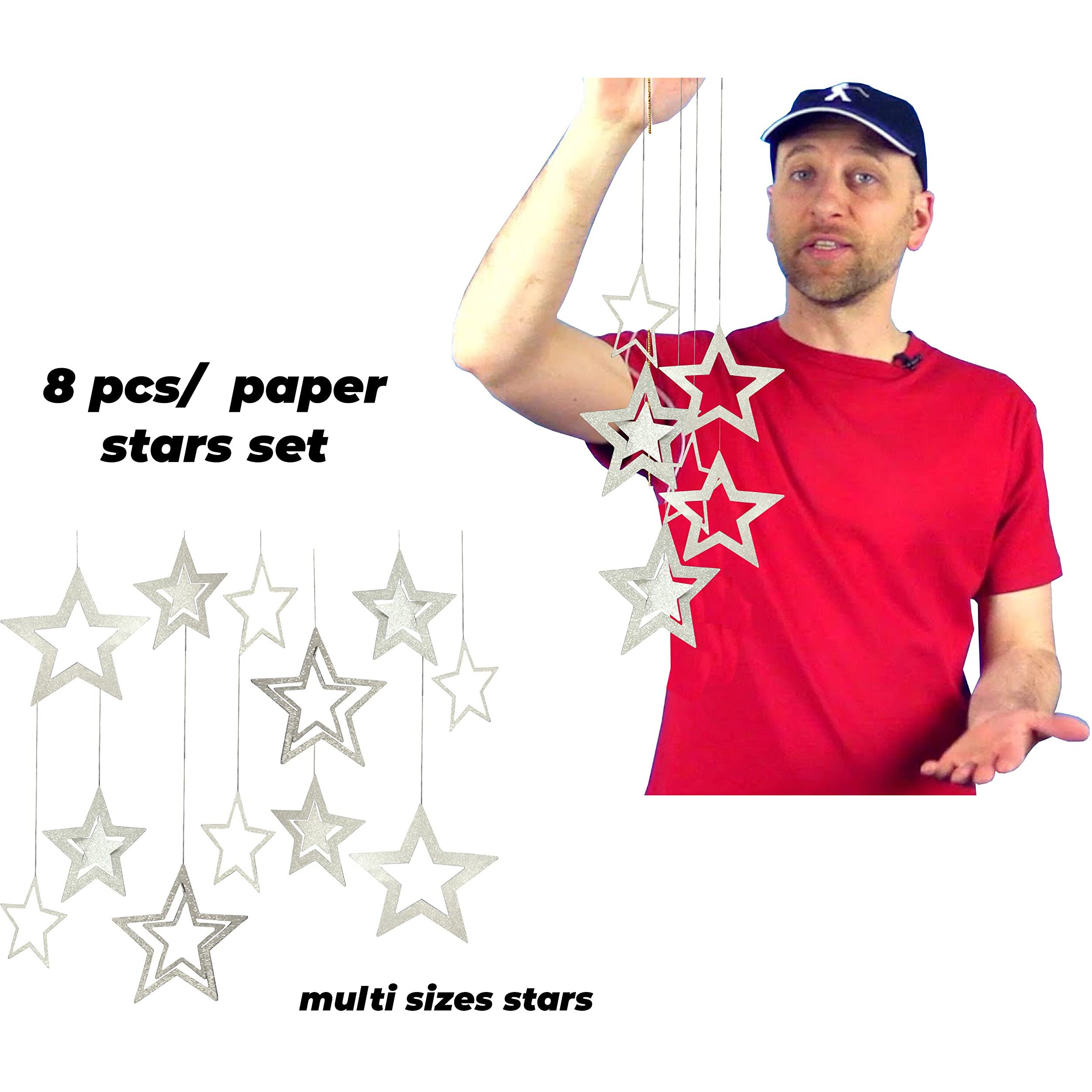 Toyxe Paper Hanging Stars In Star Sparkle Glitter Silver Pack Of 6 Pcs