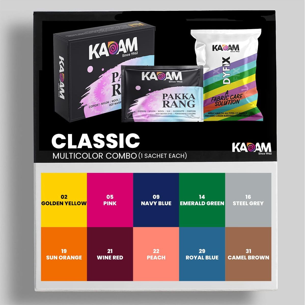 Kadam Pakka Rang Fabric Dye Multicolour | 50G Pack | Includes Dyfix Color Fixer | Permanent Fabric Dyes For Old Faded Jeans And Clothes (Combo 02 Classic)