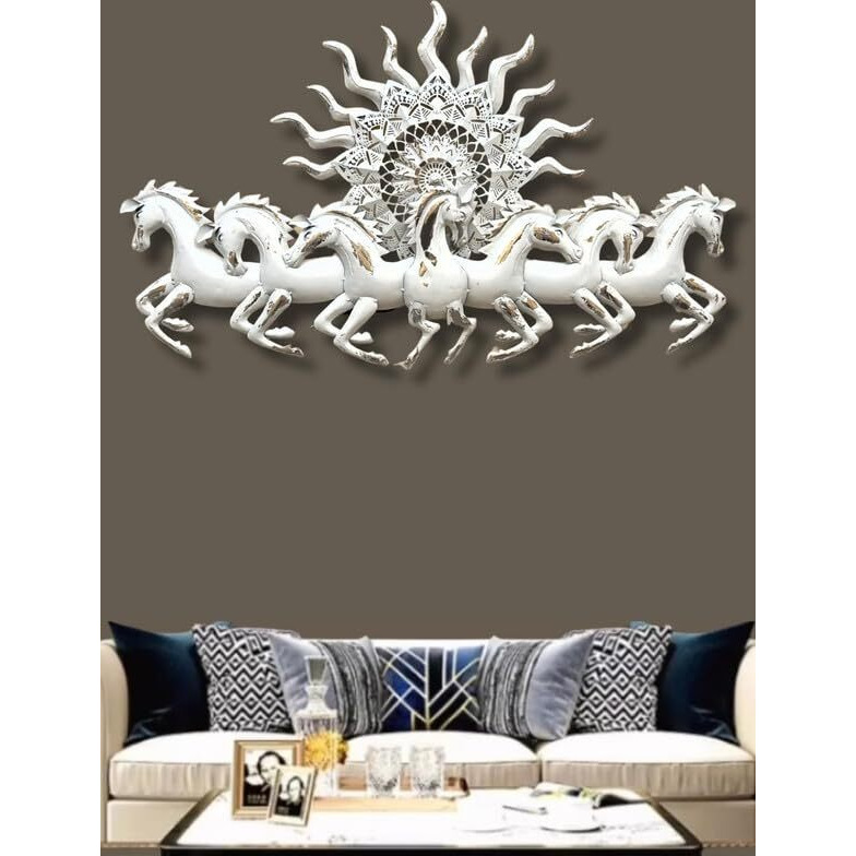 Rsn Metal Iron White 7 Horses Running With Led Light 3D Wall Decor Wall Art Wall Hangings For Home Decoration/Wall Hangings For Home Decoration - 46X26 Inch