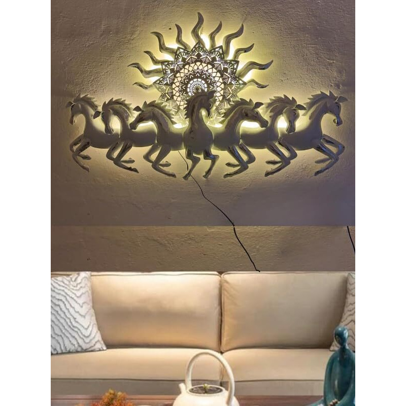 Rsn Metal Iron White 7 Horses Running With Led Light 3D Wall Decor Wall Art Wall Hangings For Home Decoration/Wall Hangings For Home Decoration - 46X26 Inch