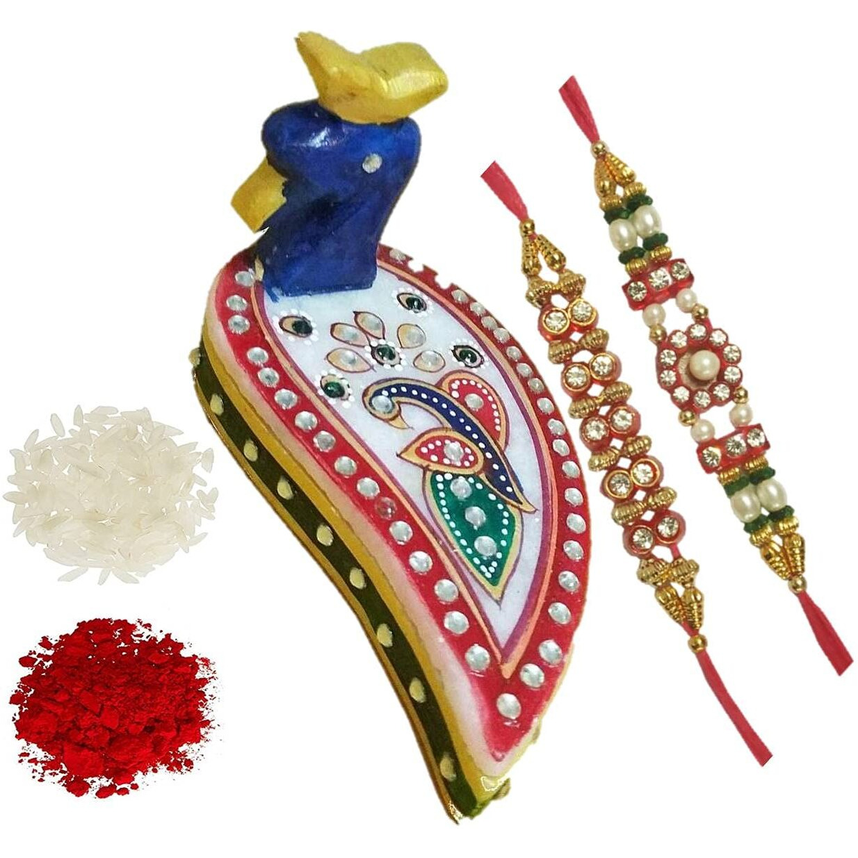 Purpledip Rakhi Hamper, Marble Chopra, Set Of 2 Rakshabandhan Bracelets & Pack Of Roli Chawal Tika (Rakhi4C)
